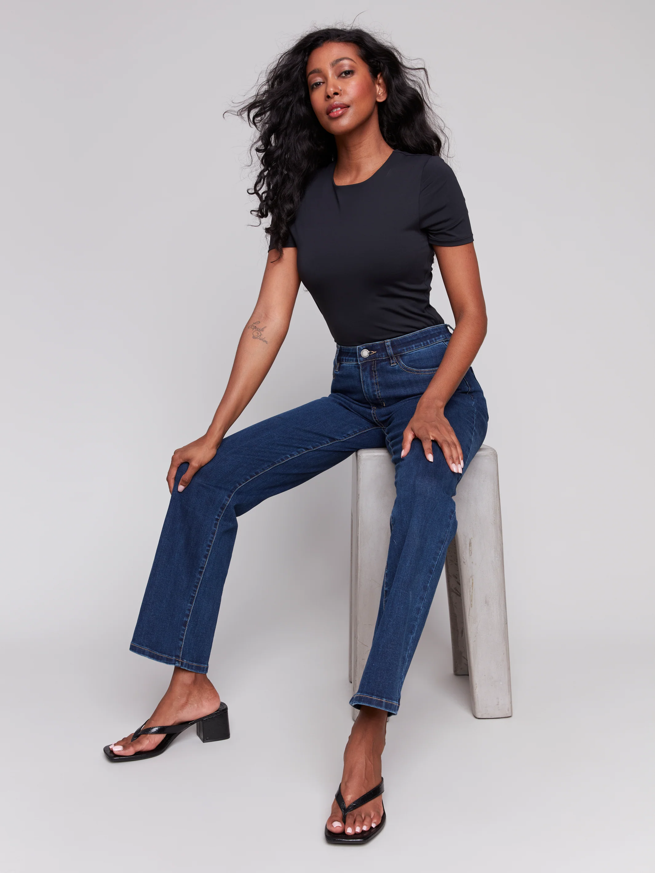 Charlie B -C5584J-007-Straight Leg Pant W/Inside Elastic At Waistband-Indigo - Image 2