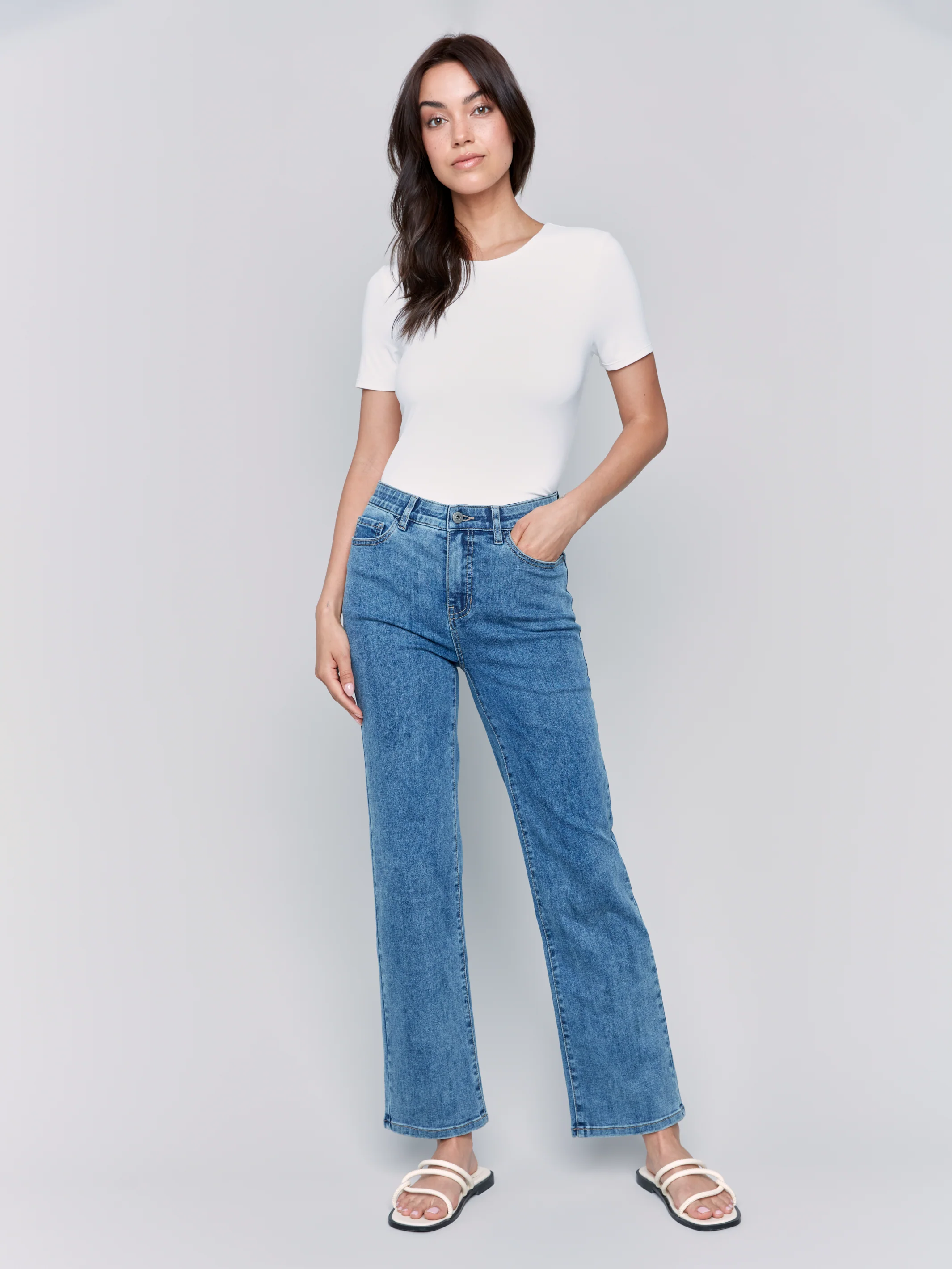 Charlie B -C5584J-156-Straight Leg Pant W/Inside Elastic At Waistband-Medium Blue - Image 3