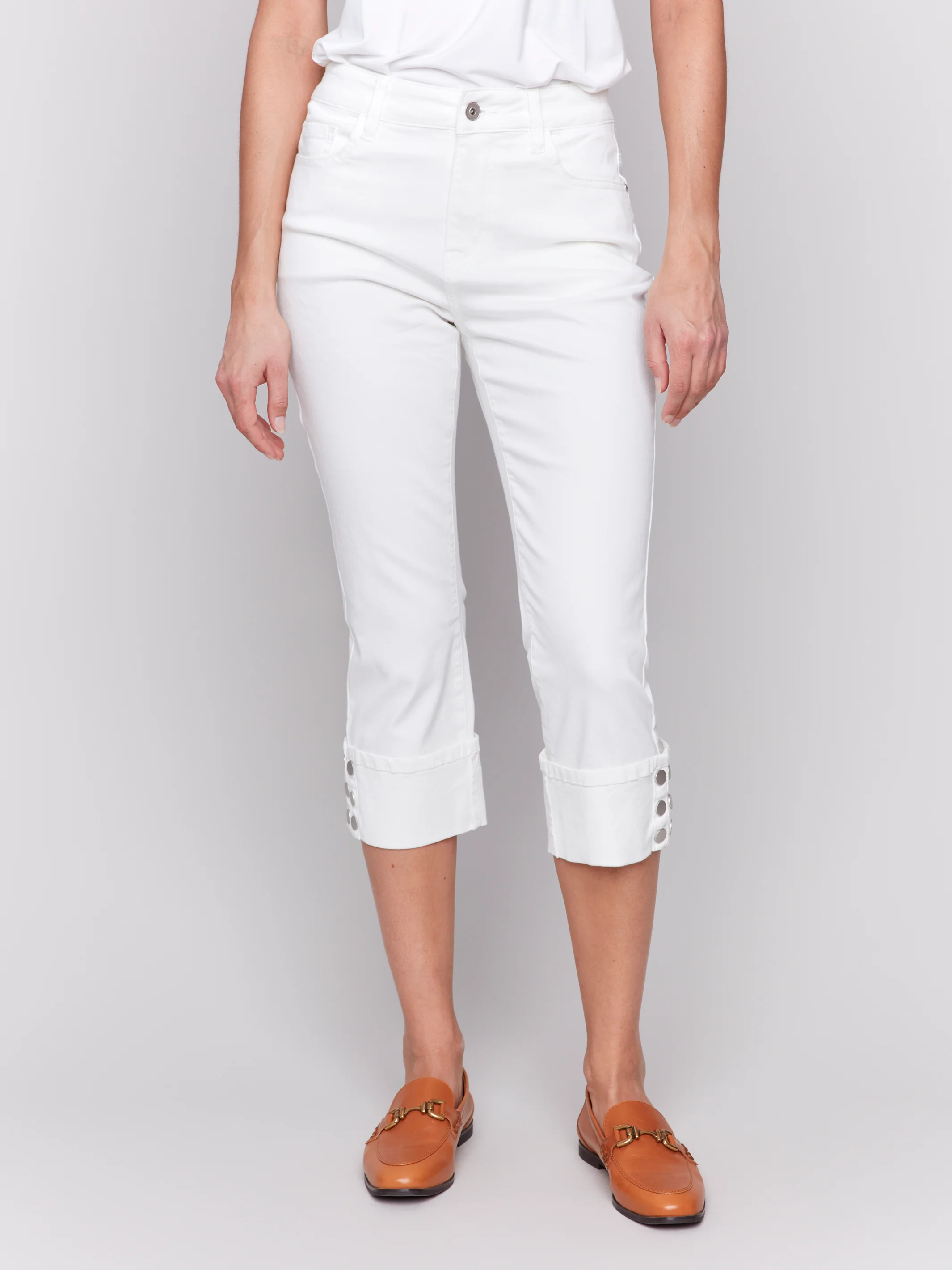 Charlie B -C5597-002-5 Pocket Jeans W/Snap Button Detail At Hem -White - Image 3