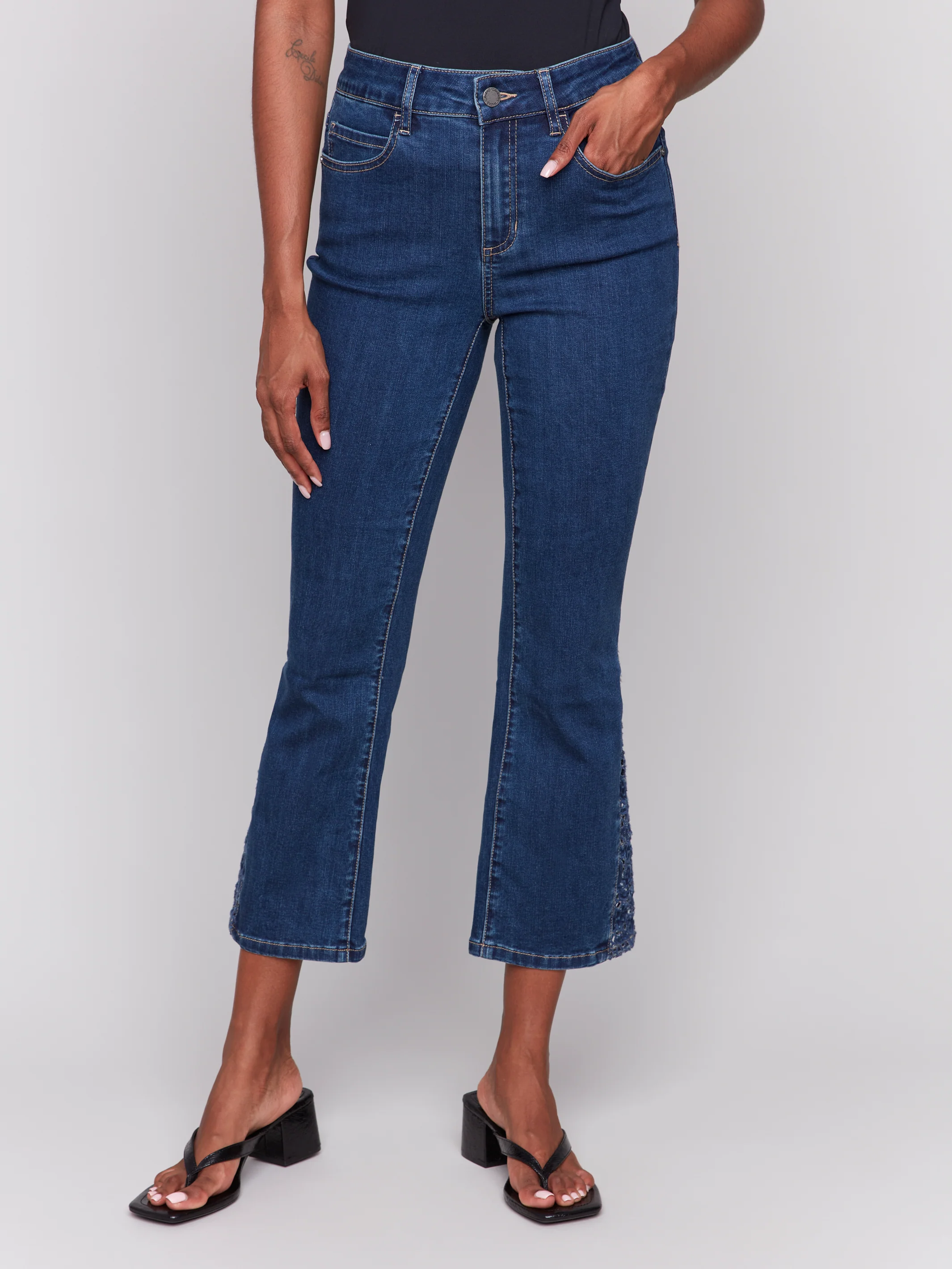 Charlie B -C5643-007-Lace Cuts Side Slim Pant-Indigo - Image 2