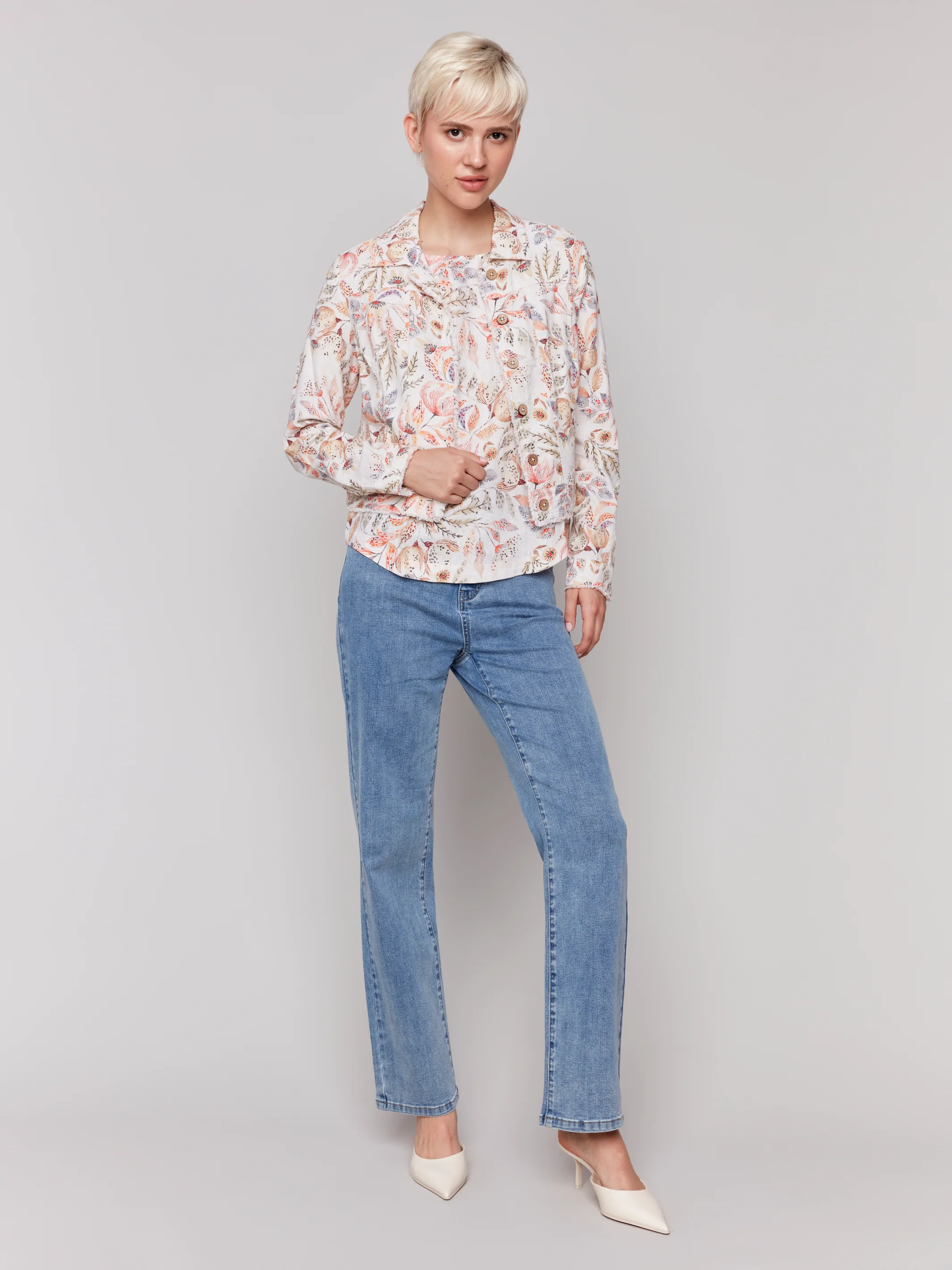 Charlie B -C6199YP-P315-Printed Long Sleeve Button Front Jacket-Tropical