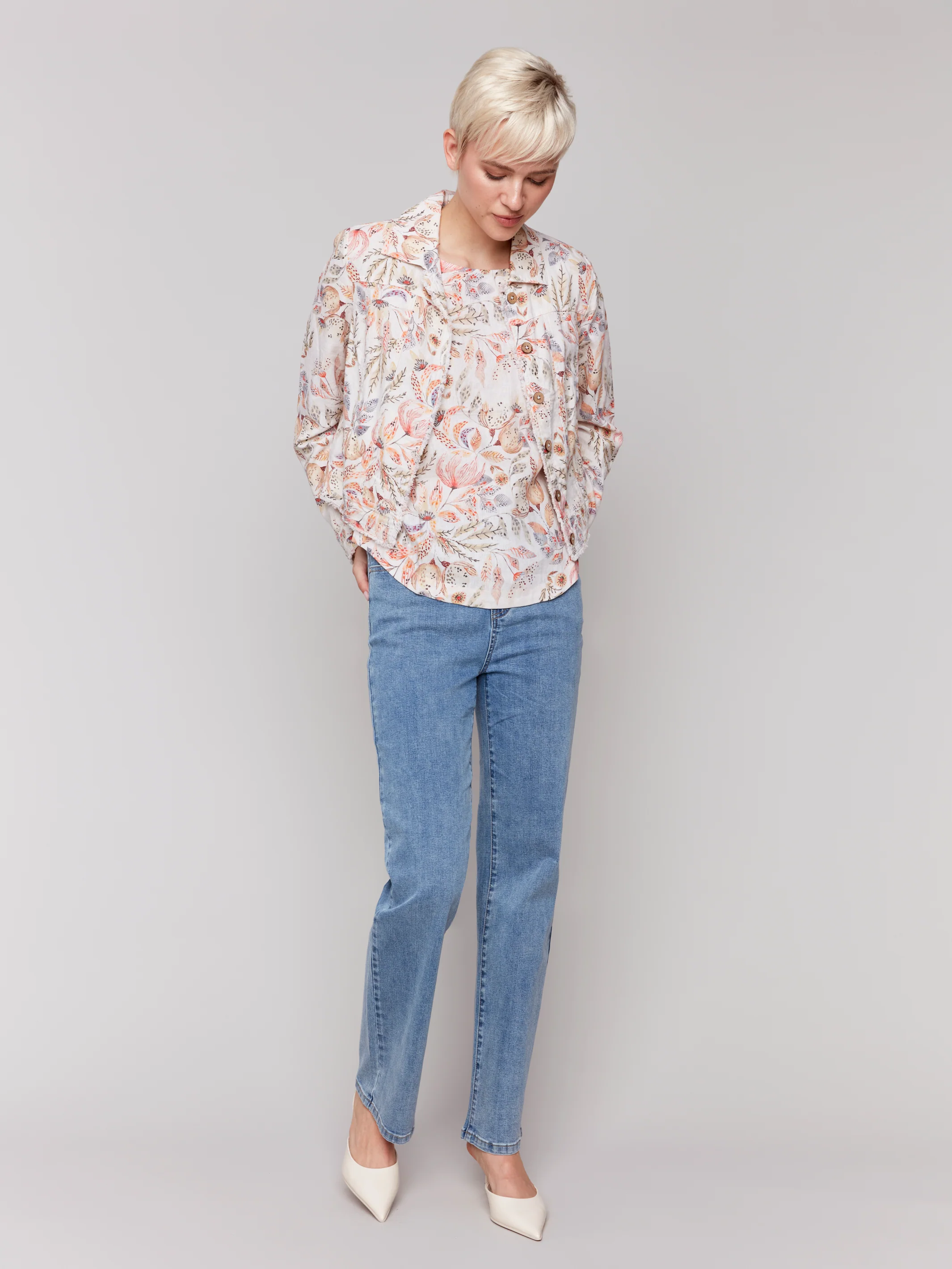 Charlie B -C6199YP-P315-Printed Long Sleeve Button Front Jacket-Tropical - Image 2