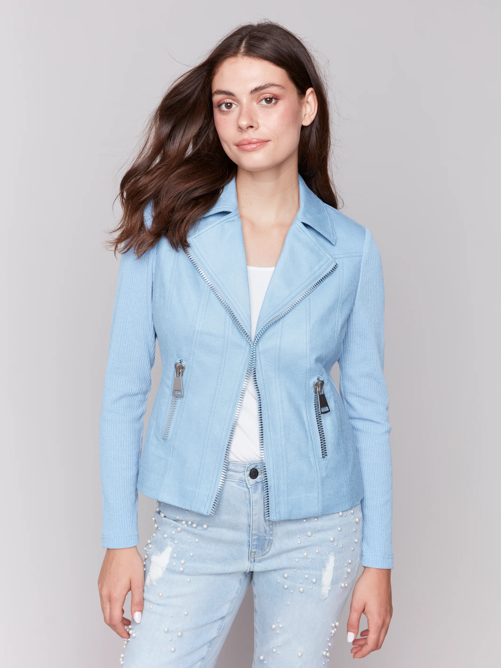 Charlie B -C6273RR-239-Vintage Fake Leather And Rib Knit Combo Jacket-Blue Bell - Image 2