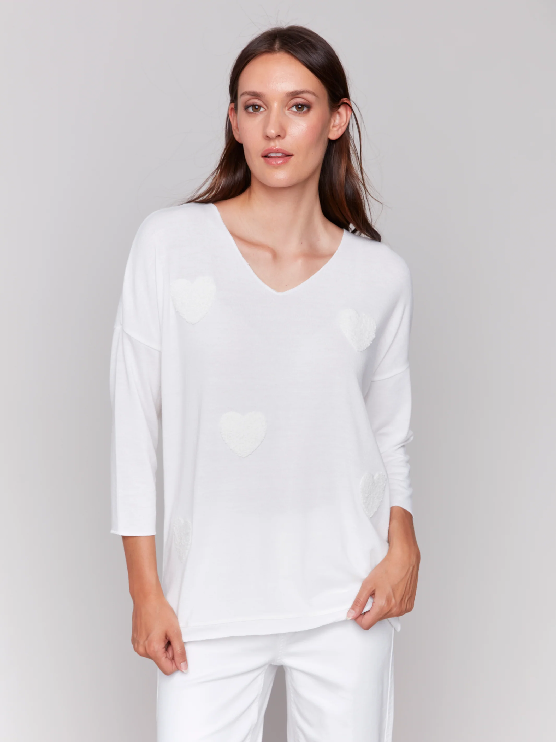Charlie B -C1264APK-002-Long Sleeve V Neck Top W/Applique Details-White - Image 3