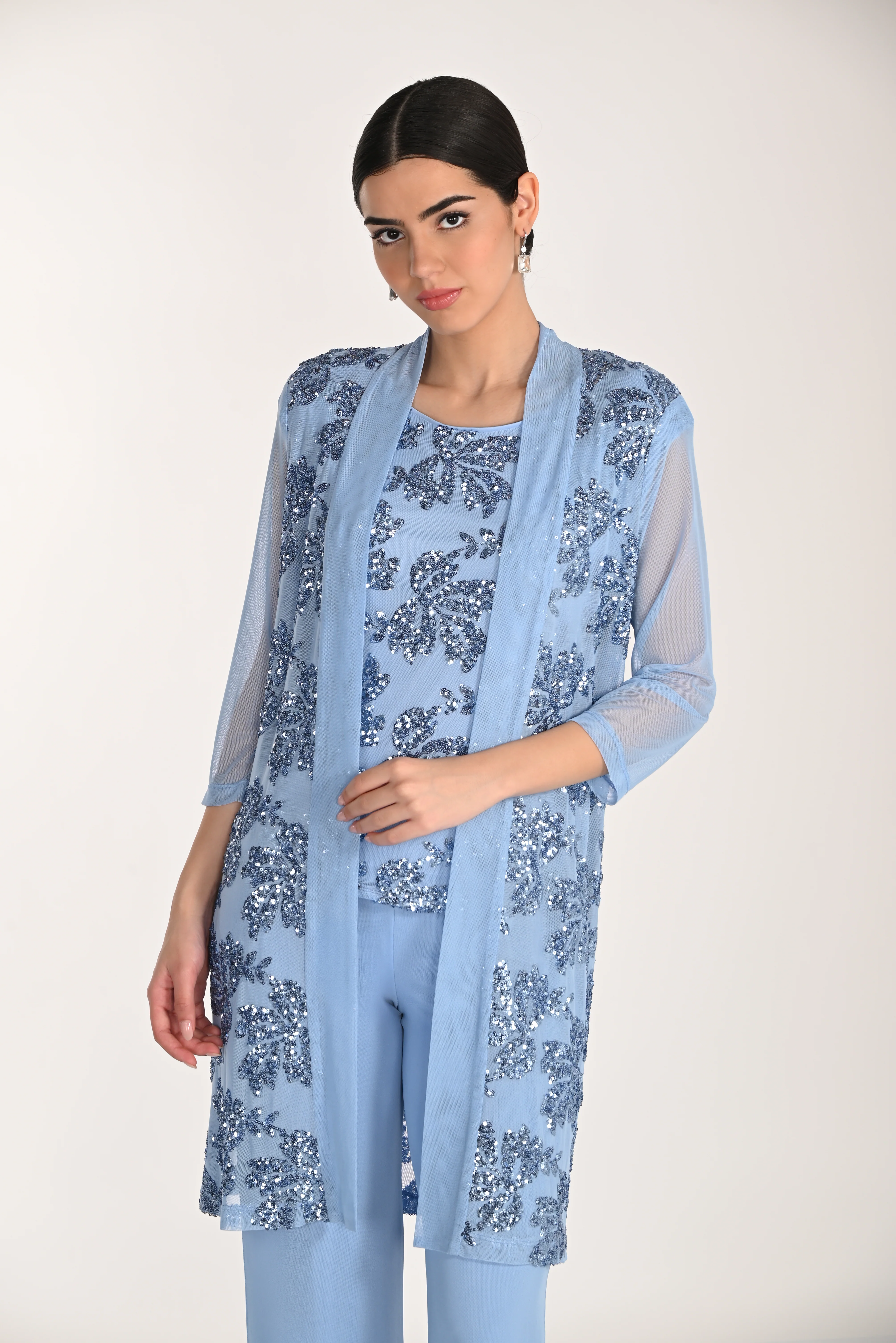 Frank Lyman-268256-Knit Long Jacket-Sky Blue - Image 2