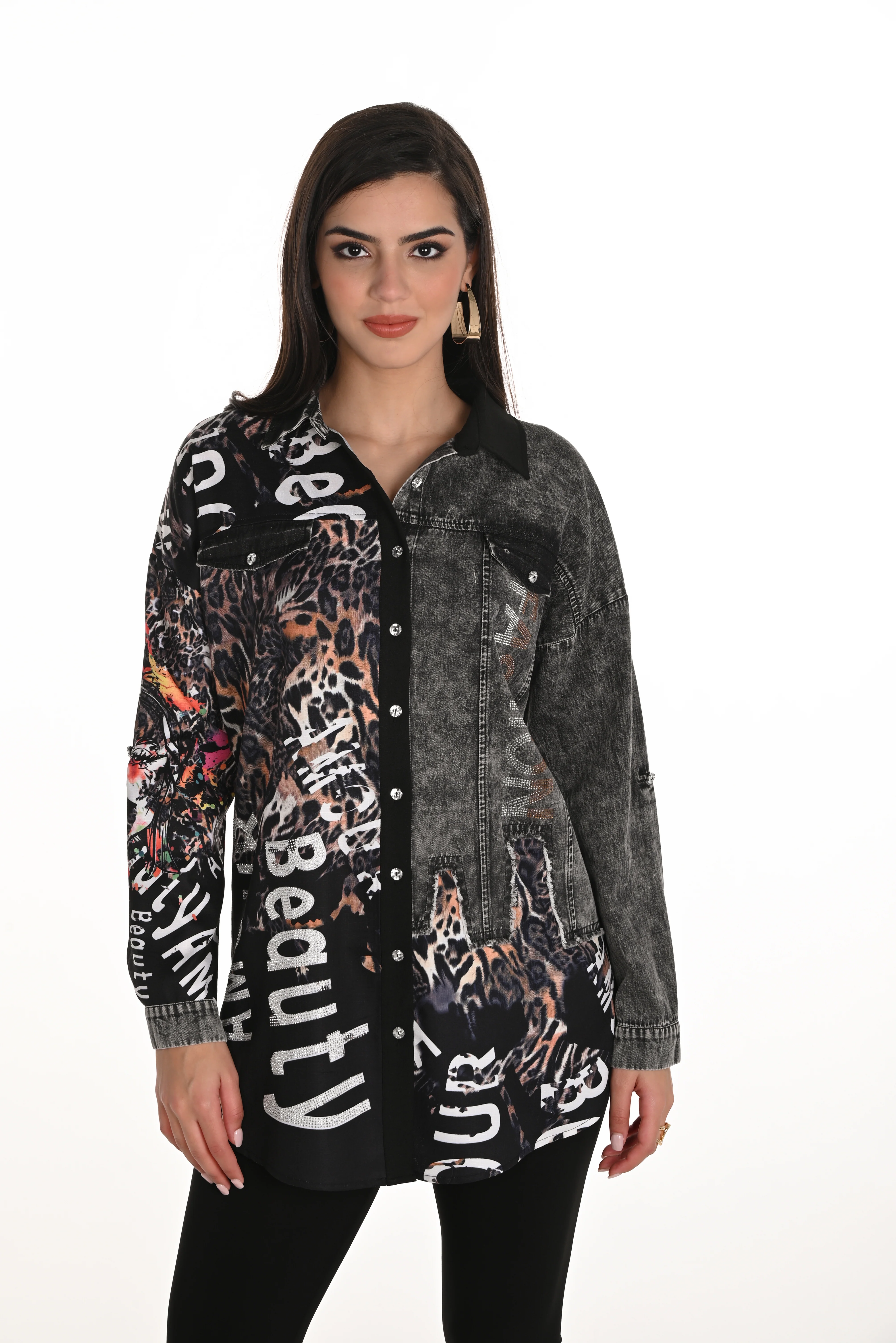 Frank Lyman -253749-1143-Woven Top-Black/Cheetah