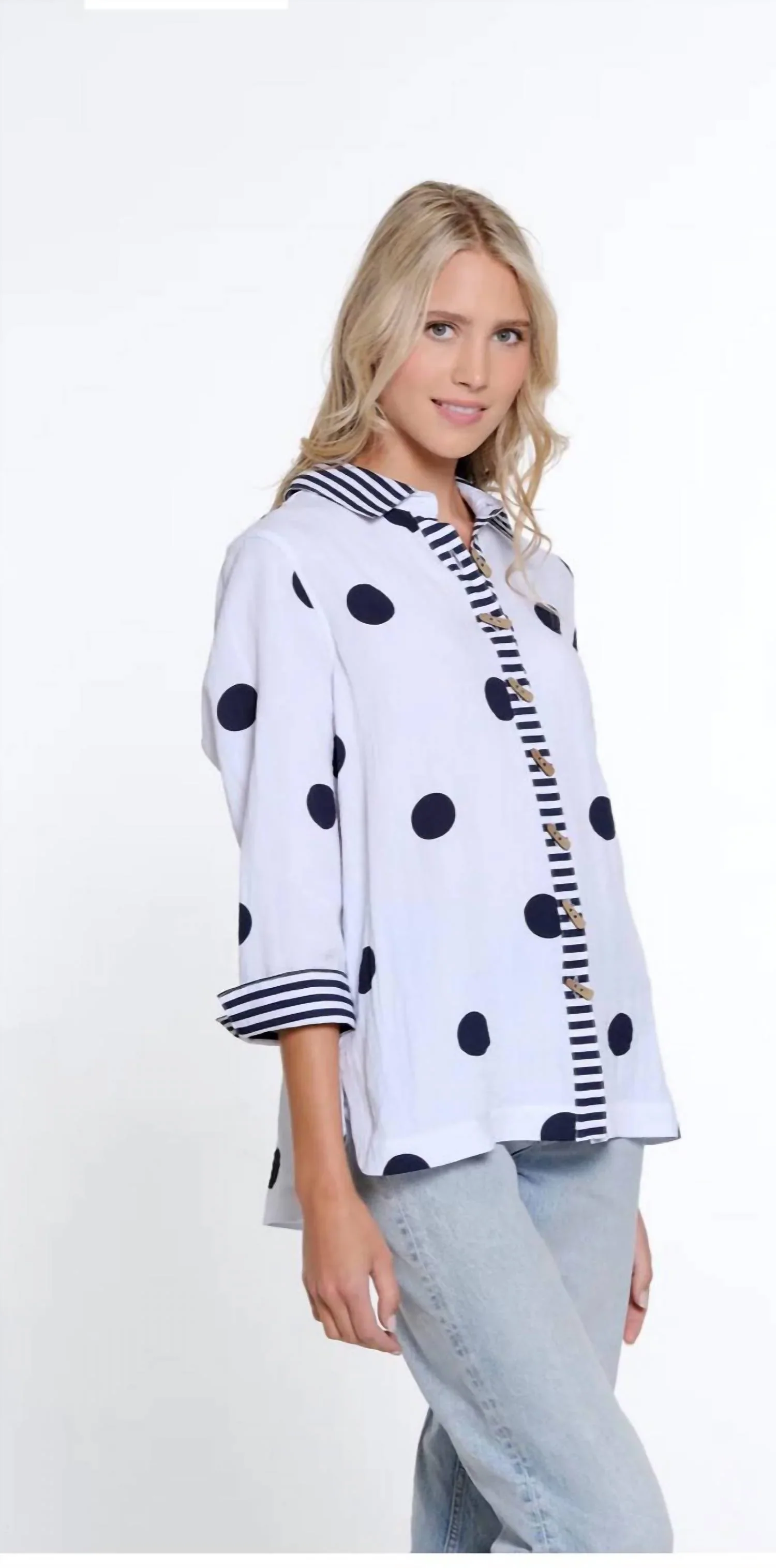 Multiples-M15305BM-3/4 Sleeve Dot And Stripe Print Shirt-Midnight