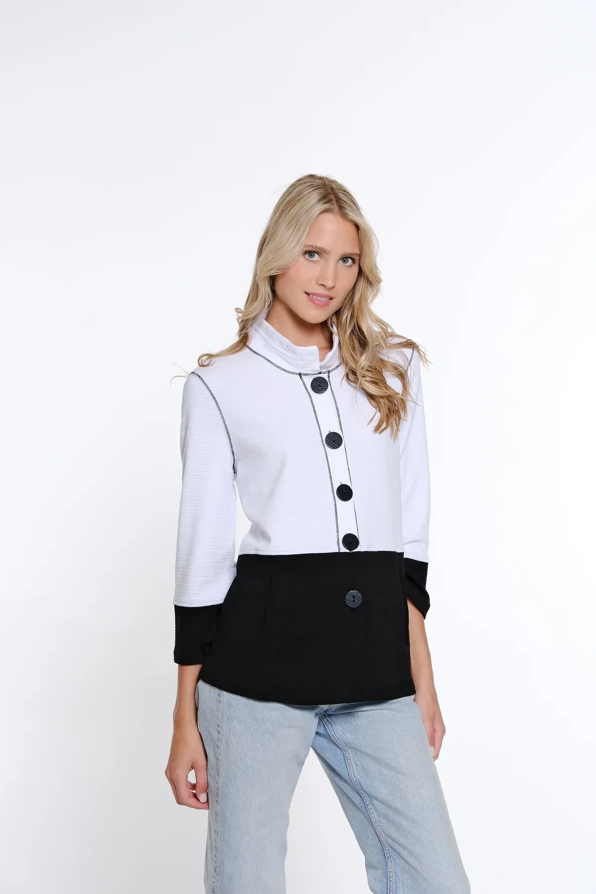Multiples-M15404JM-3/4 Sleeve 2 Pocket Stripe Jacket-White - Image 2