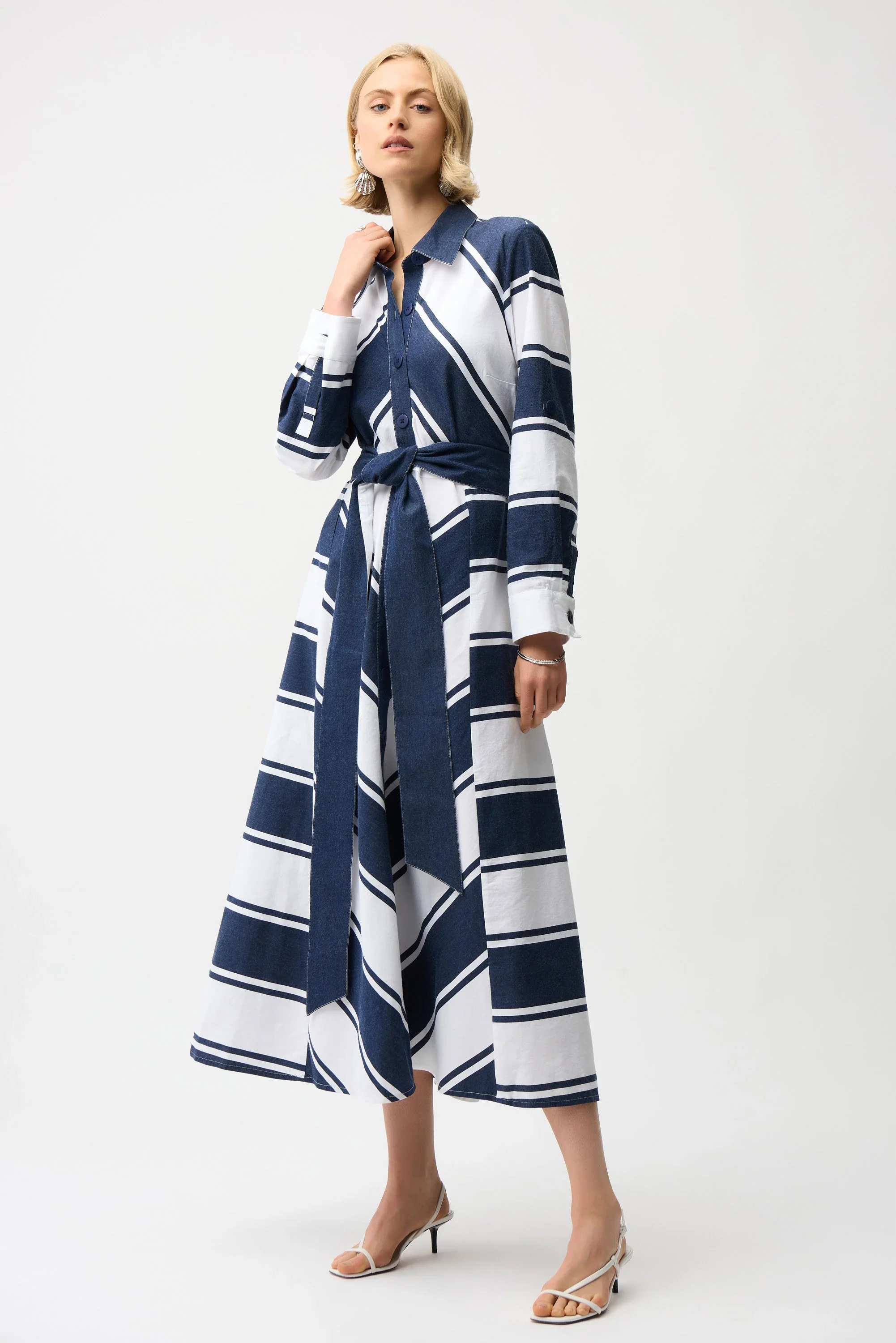 Joseph Ribkoff-261936 Cotton Stripe Print Fit and Flare Shirt Dress with Reversible Sash - Image 2