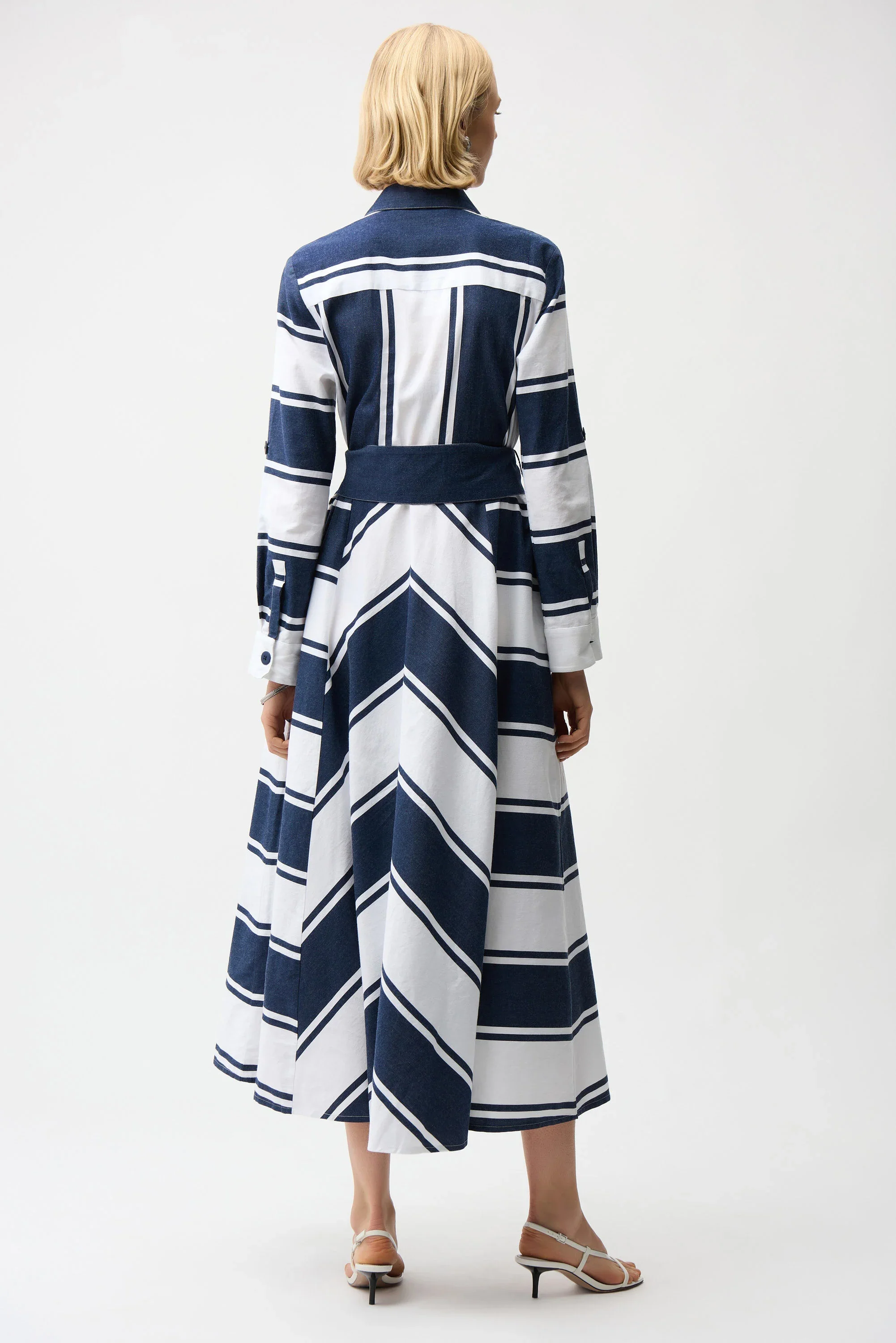 Joseph Ribkoff-261936 Cotton Stripe Print Fit and Flare Shirt Dress with Reversible Sash - Image 4