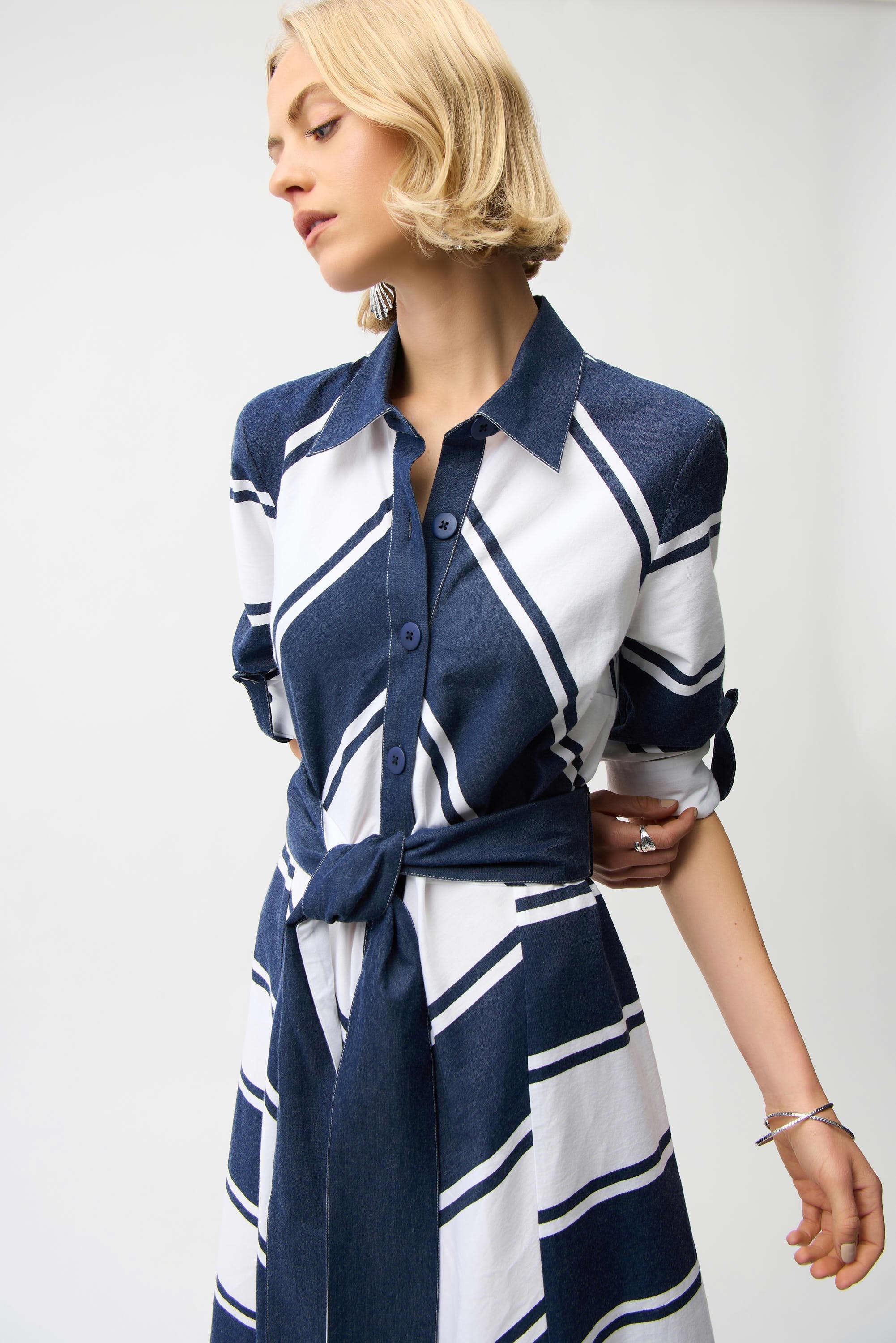 Joseph Ribkoff-261936 Cotton Stripe Print Fit and Flare Shirt Dress with Reversible Sash - Image 5