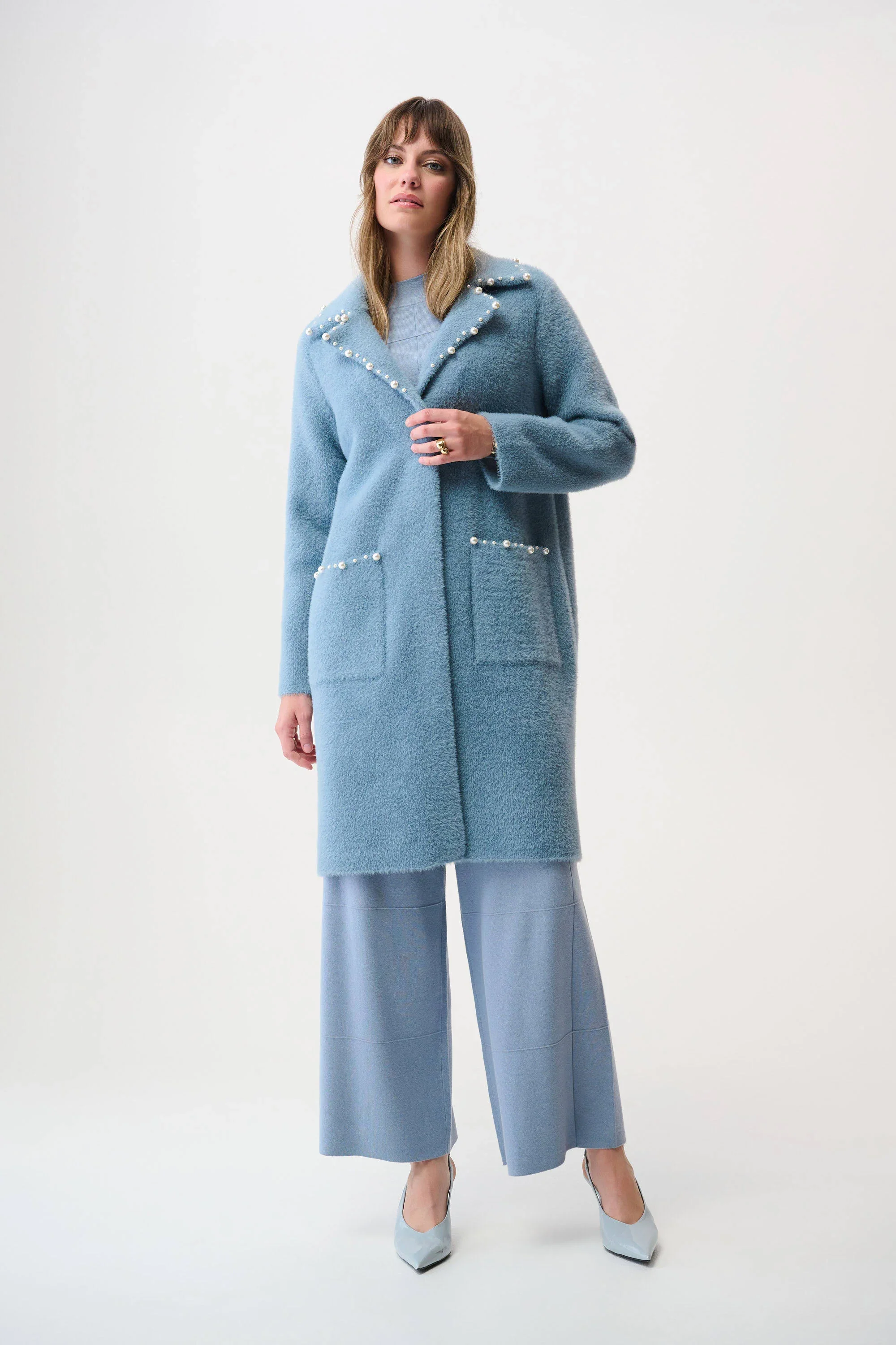 Joseph Ribkoff - Feather Yarn Sweater Coat with Pearl Trim - 261997 - Chambray - Image 5