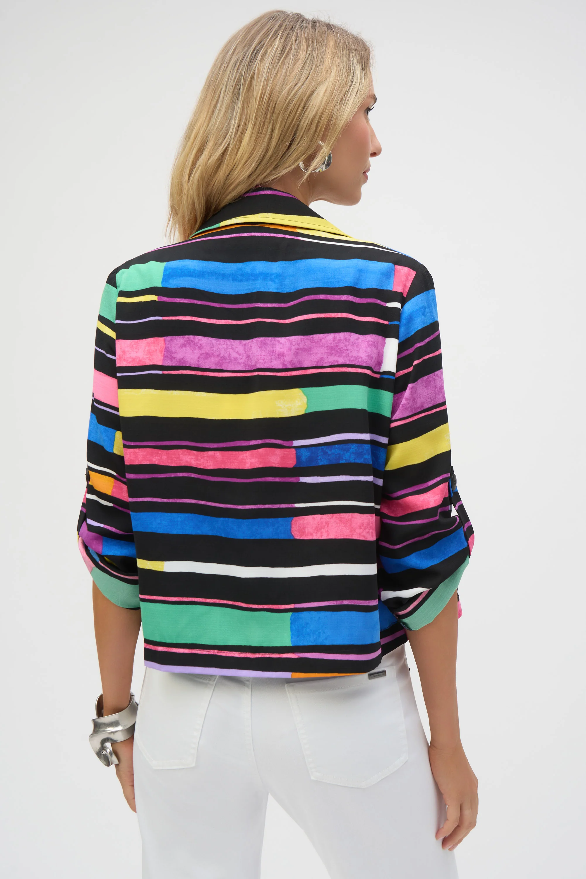 Joseph Ribkoff-252215- Black/Multi Striped Puff Sleeve Blazer Style-Black/Multi - Image 3