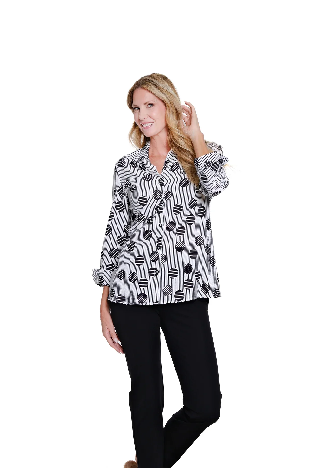 Multiples-M16112BM-Turn Up Cuff Print Shirt-Black White Print - Image 2
