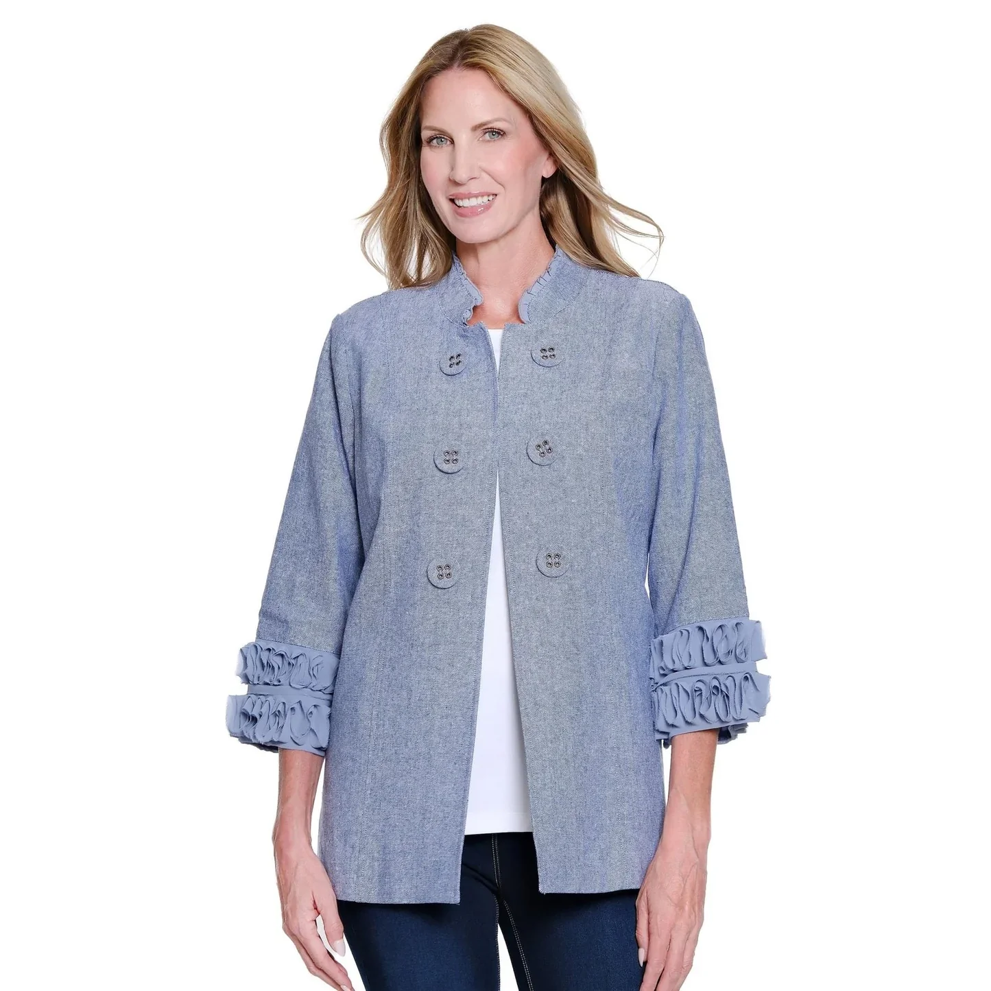 Multiples-M16114JM-3/4 Sleeve Blend Solid Lined Jacket-Chambray Blue