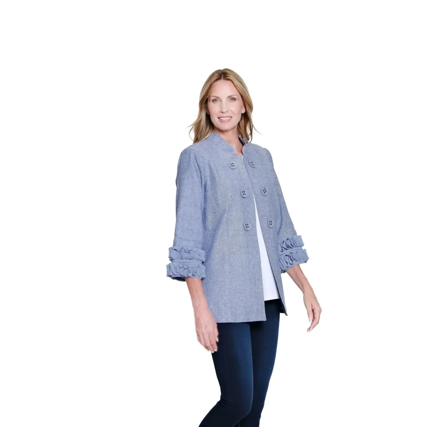Multiples-M16114JM-3/4 Sleeve Blend Solid Lined Jacket-Chambray Blue - Image 2