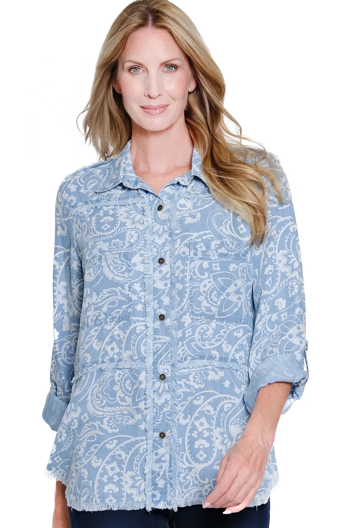 Multiples-M16208BM-Roll Tab L/S Printed Shirt-Denim Print