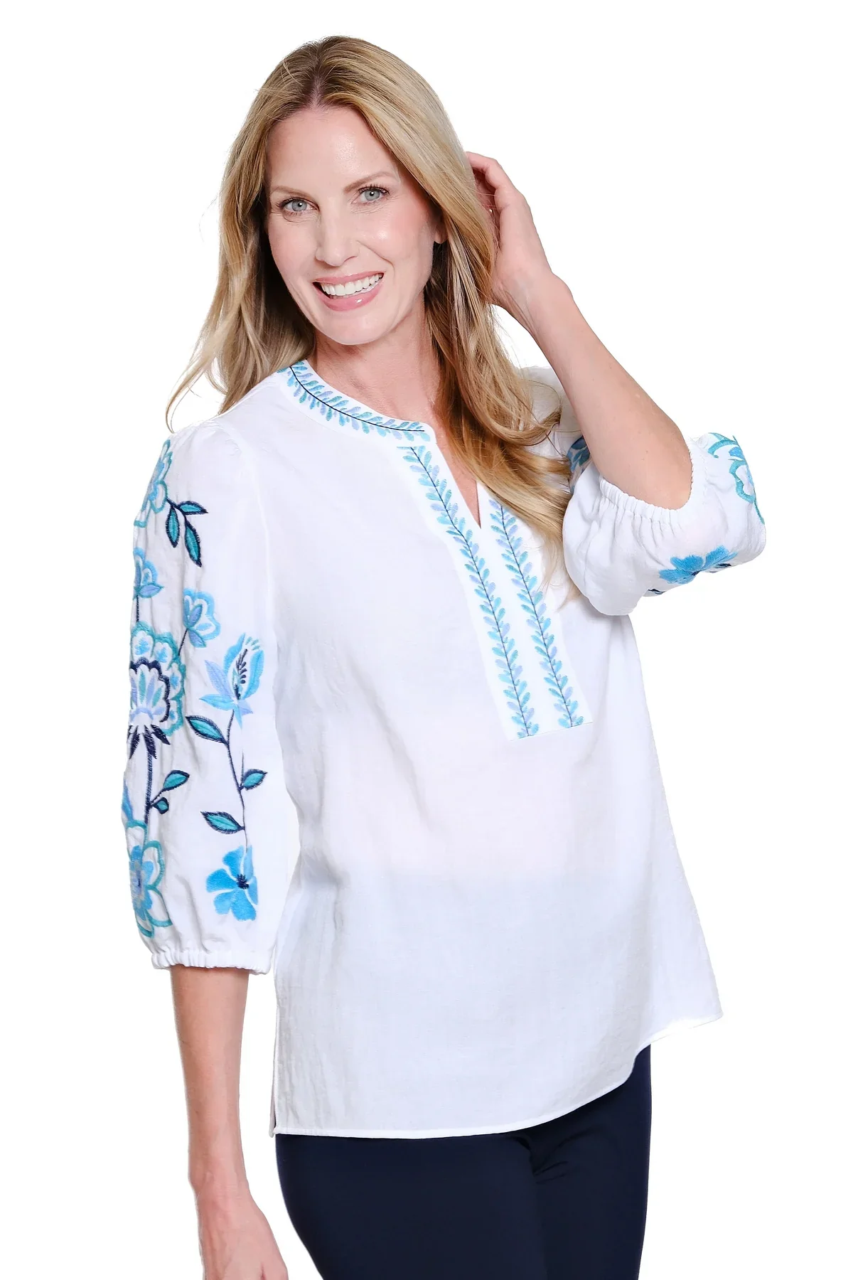 Multiples-M16307TM-Embroidered Shirred Sleeve Top-Multi - Image 2