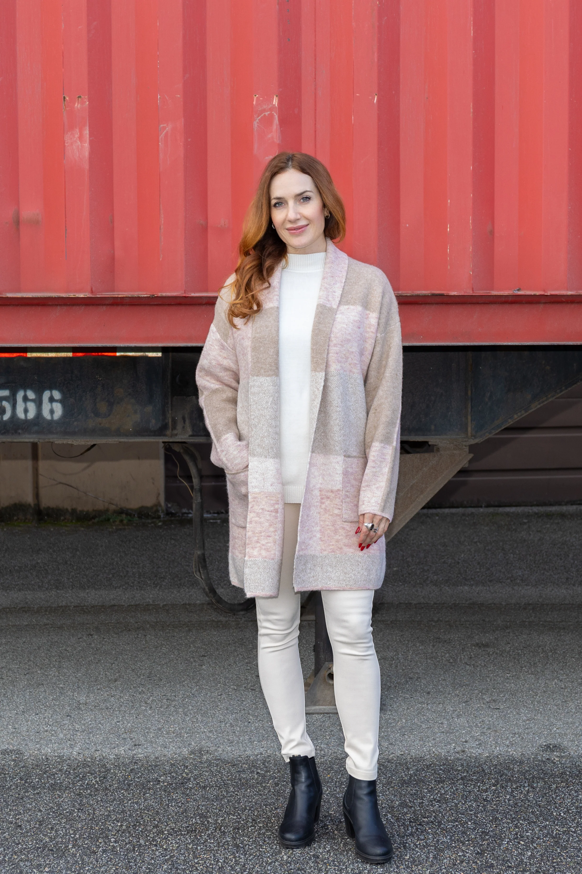 Papa-CR5811-Knitted Block Print Cardigan W/Pockets-Pink