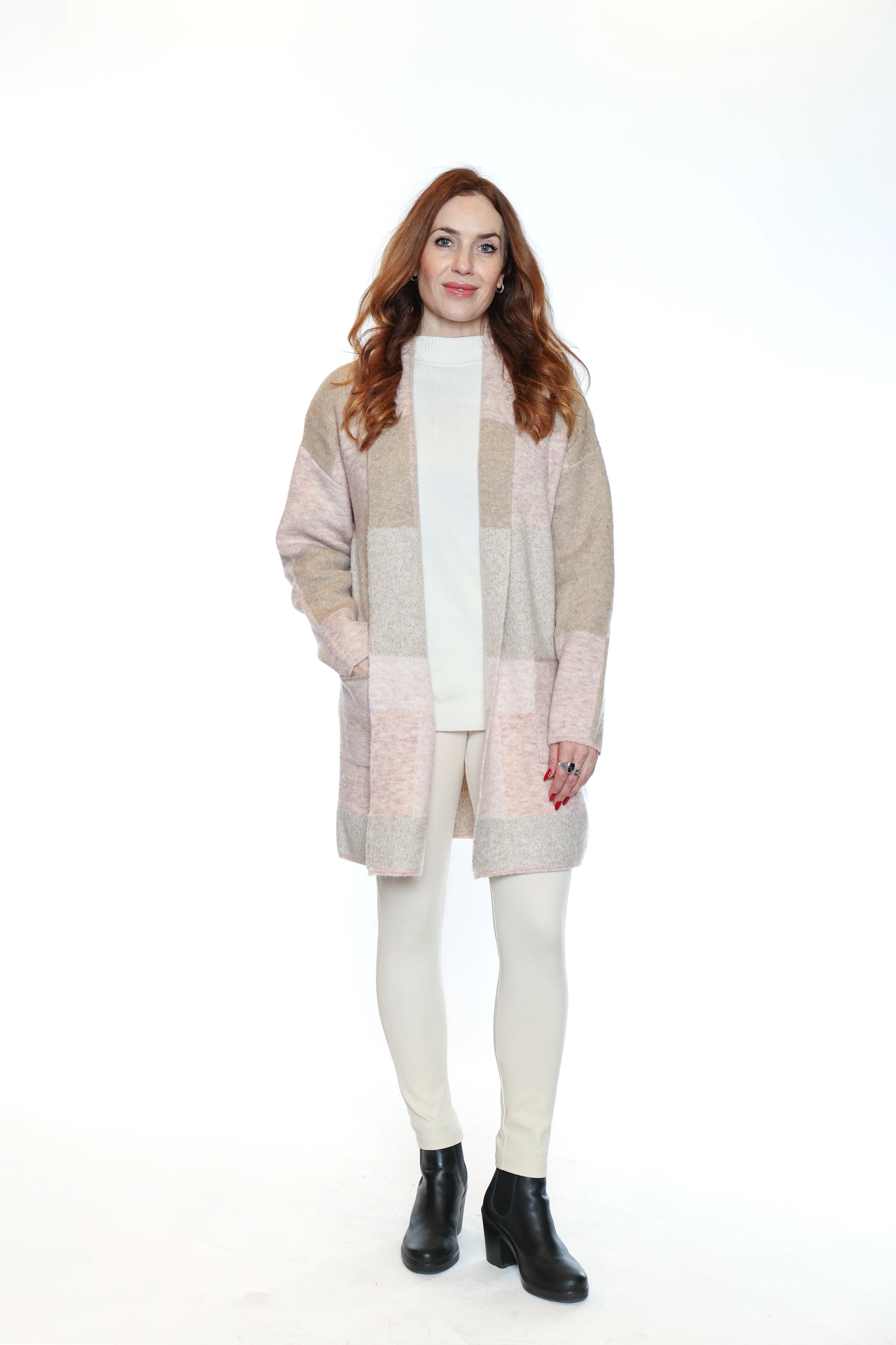 Papa-CR5811-Knitted Block Print Cardigan W/Pockets-Pink - Image 2