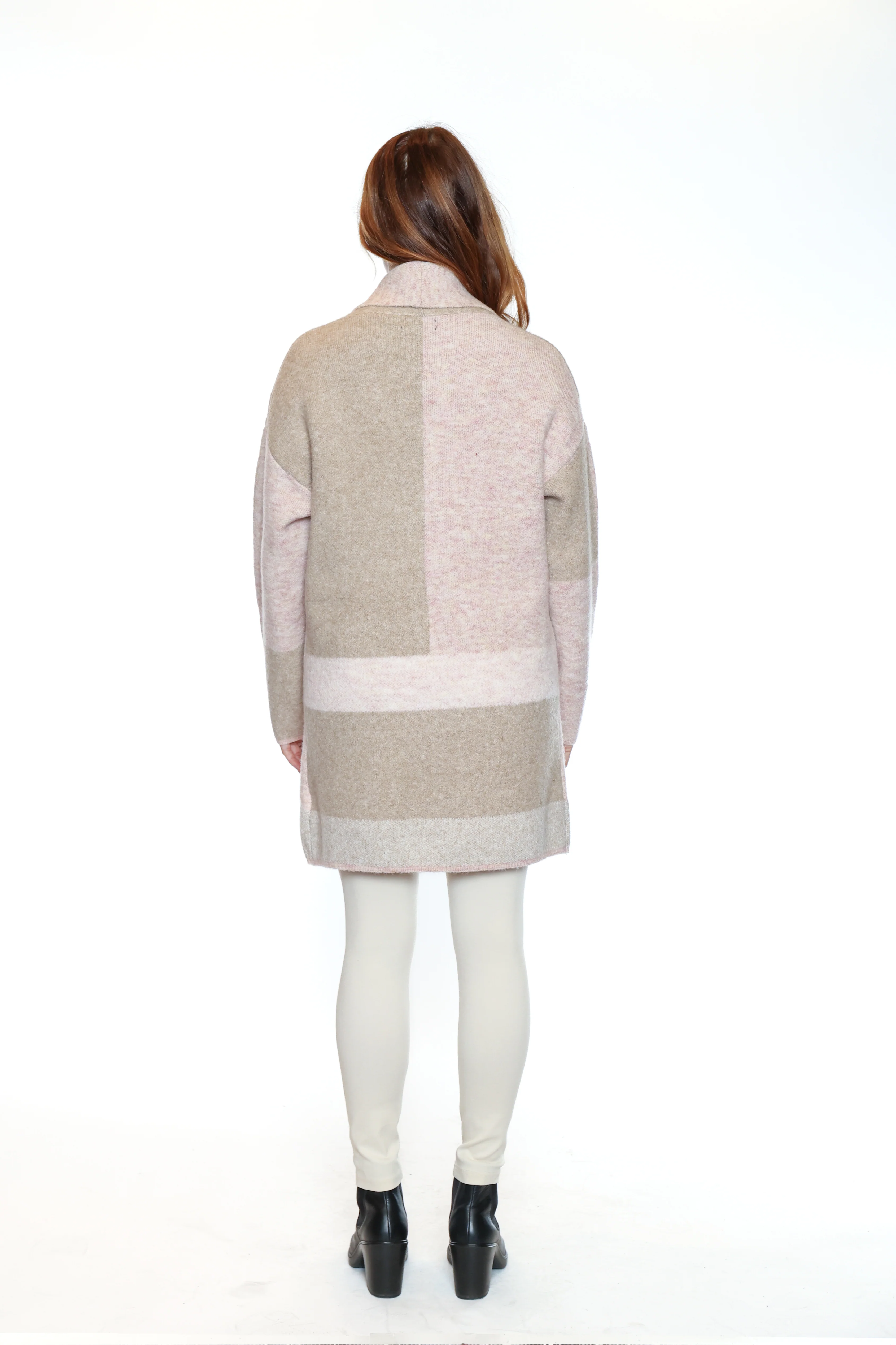 Papa-CR5811-Knitted Block Print Cardigan W/Pockets-Pink - Image 3