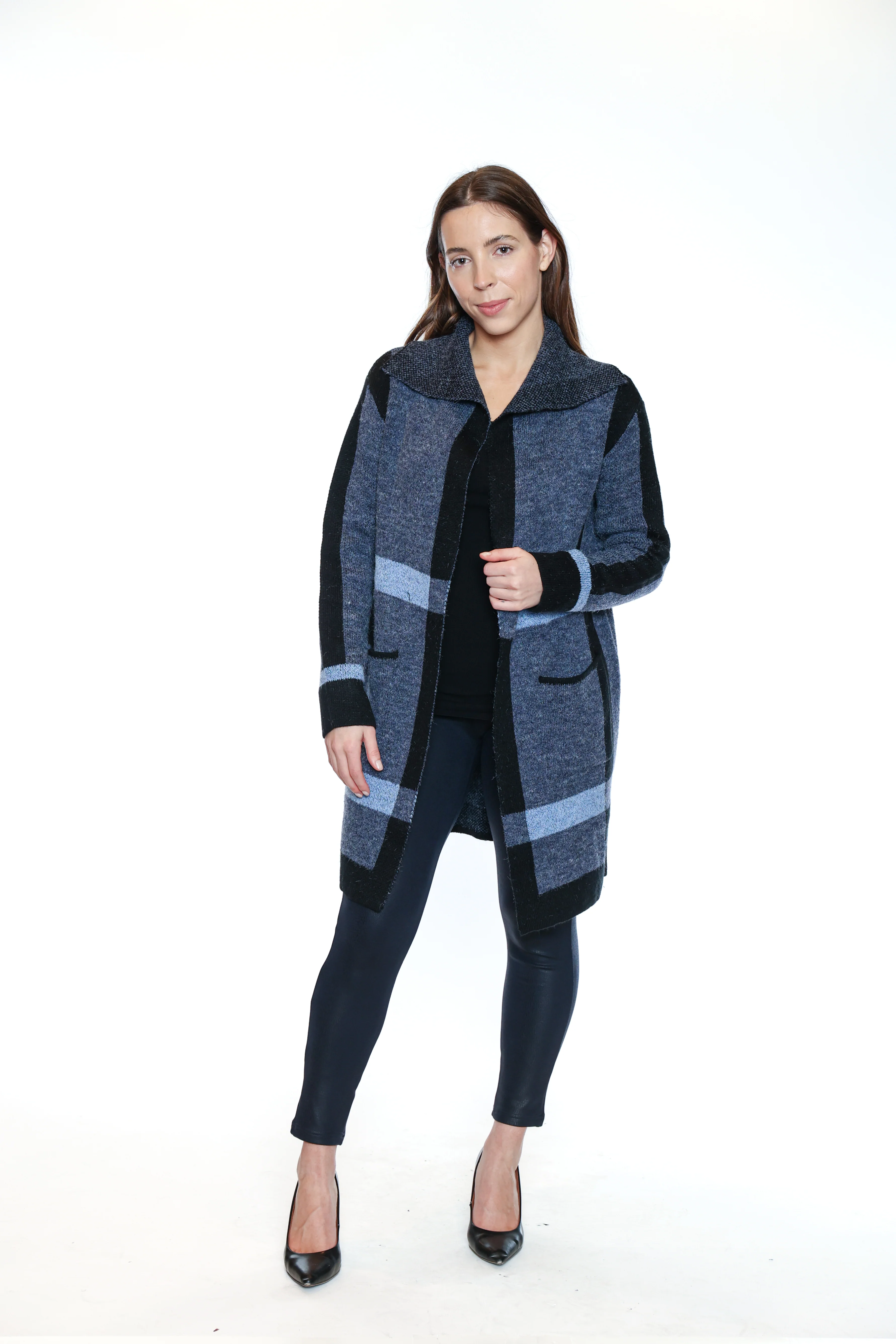 Papa-CR5812-Knitted Plaid Print Cardigan W/Pockets-Blue