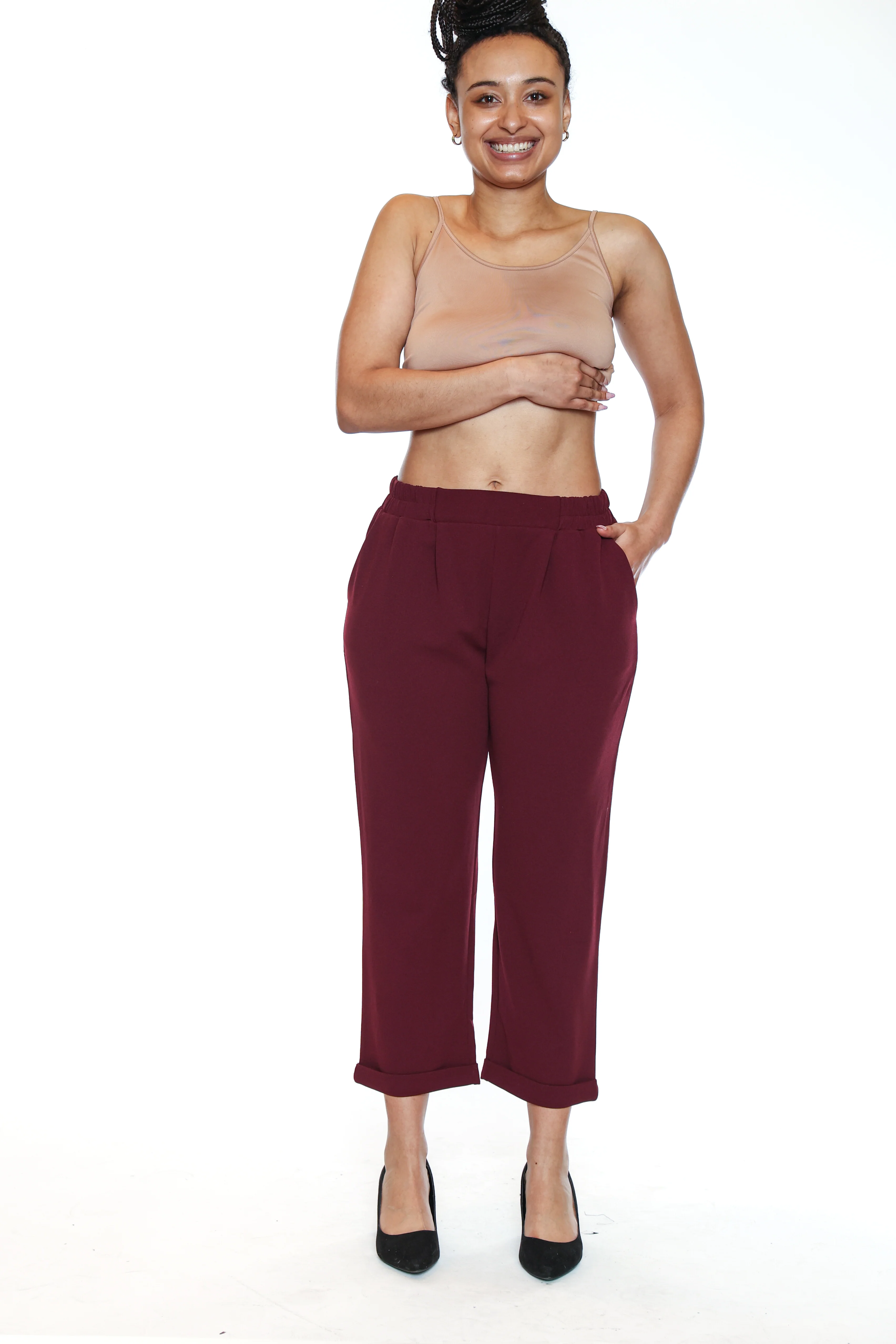 Papa-T5783-Scuba Crepe Crop Pant W/Pockets-Wine