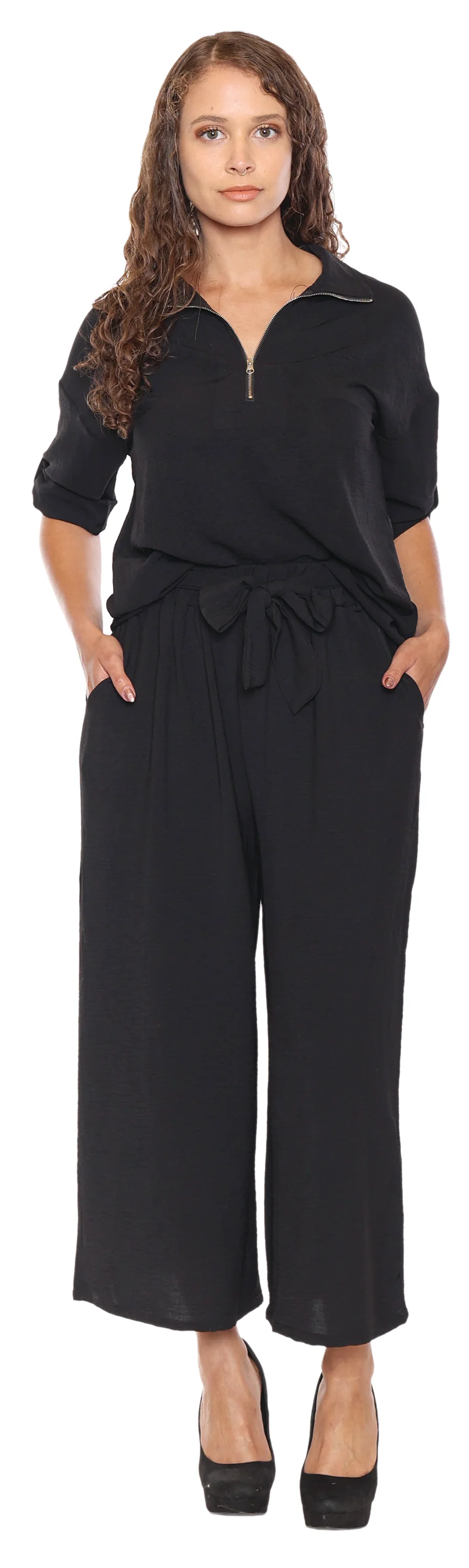 Papa-T5402-Zip Front Tunic W/Roll Up Sleeves-Black