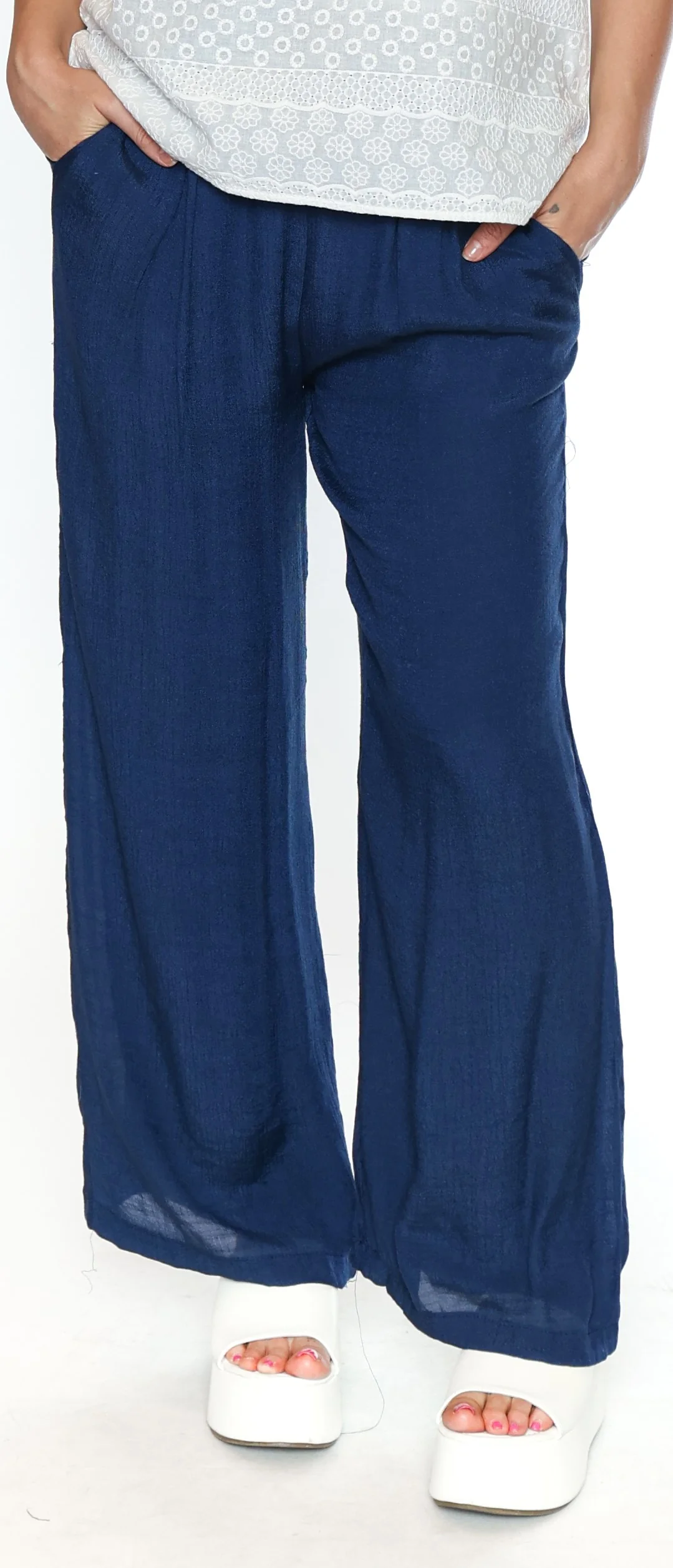 Papa Fashions-T5412-Crinkle Viscose Pant-Navy