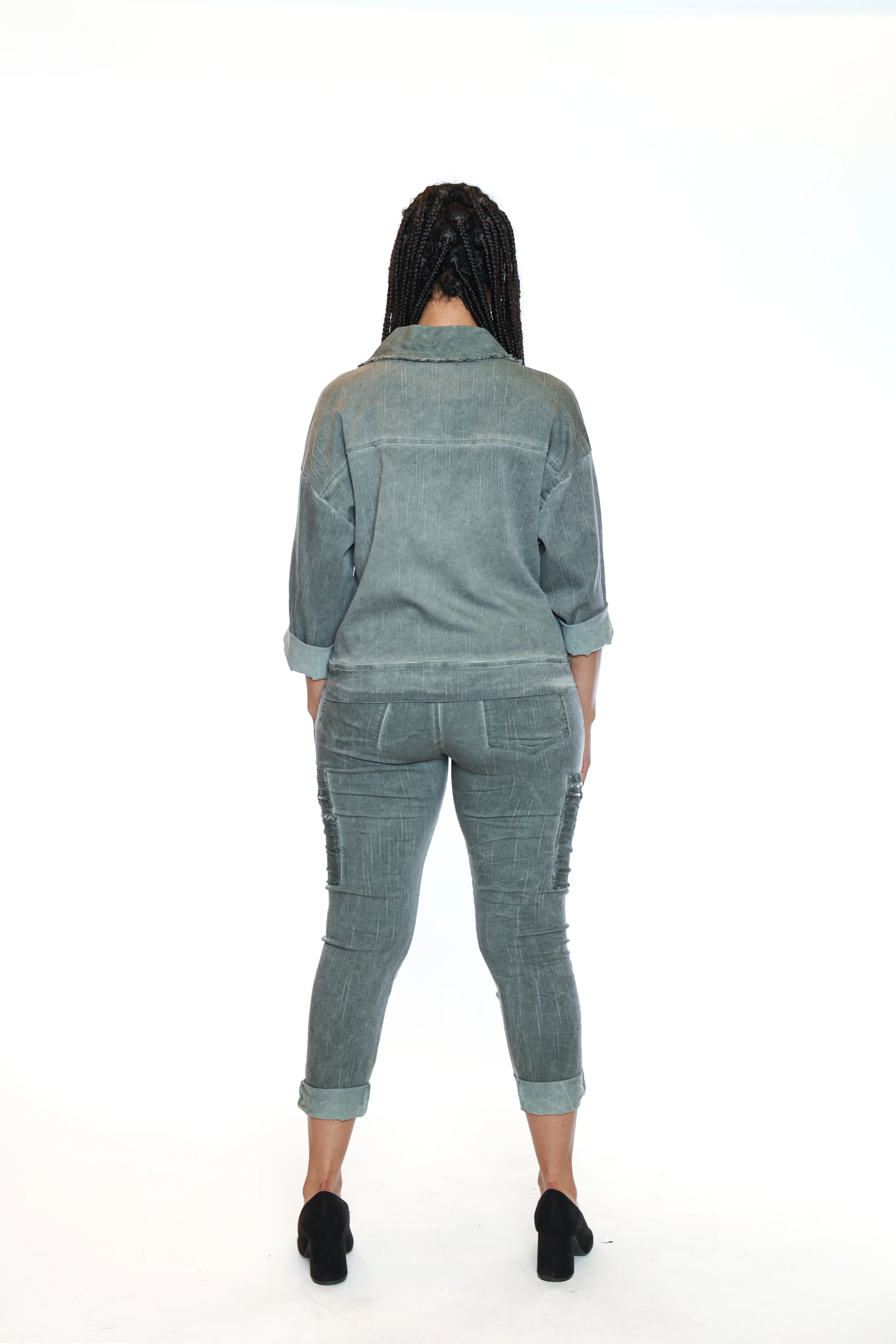 Sorella By Papa-L5543-Stretch Cotton Stonewash Blazer Frills-Sage - Image 2