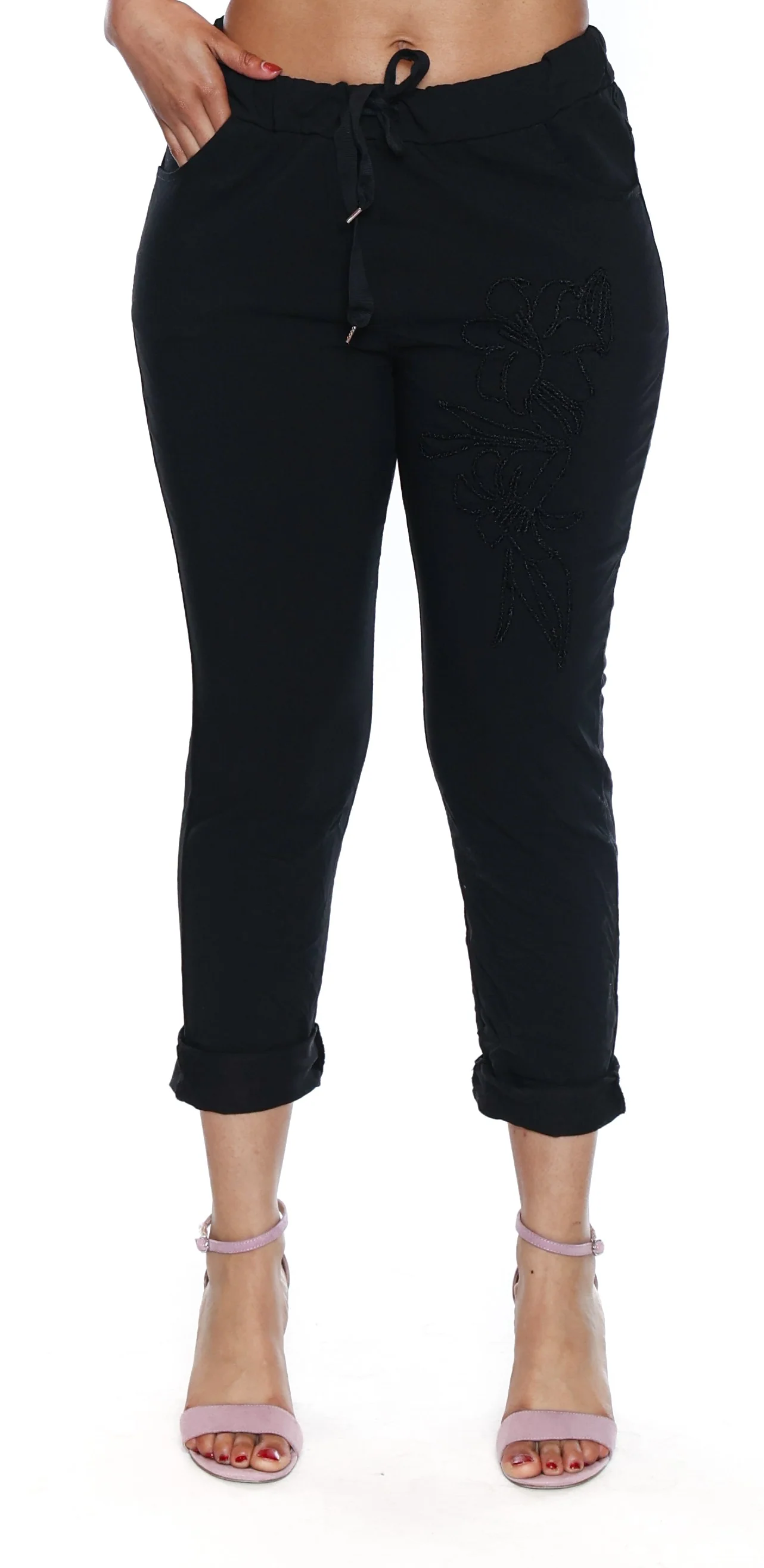 Sorella Cotton Stretch Drawstring Pants W/Embroidery Detail-Black L5928