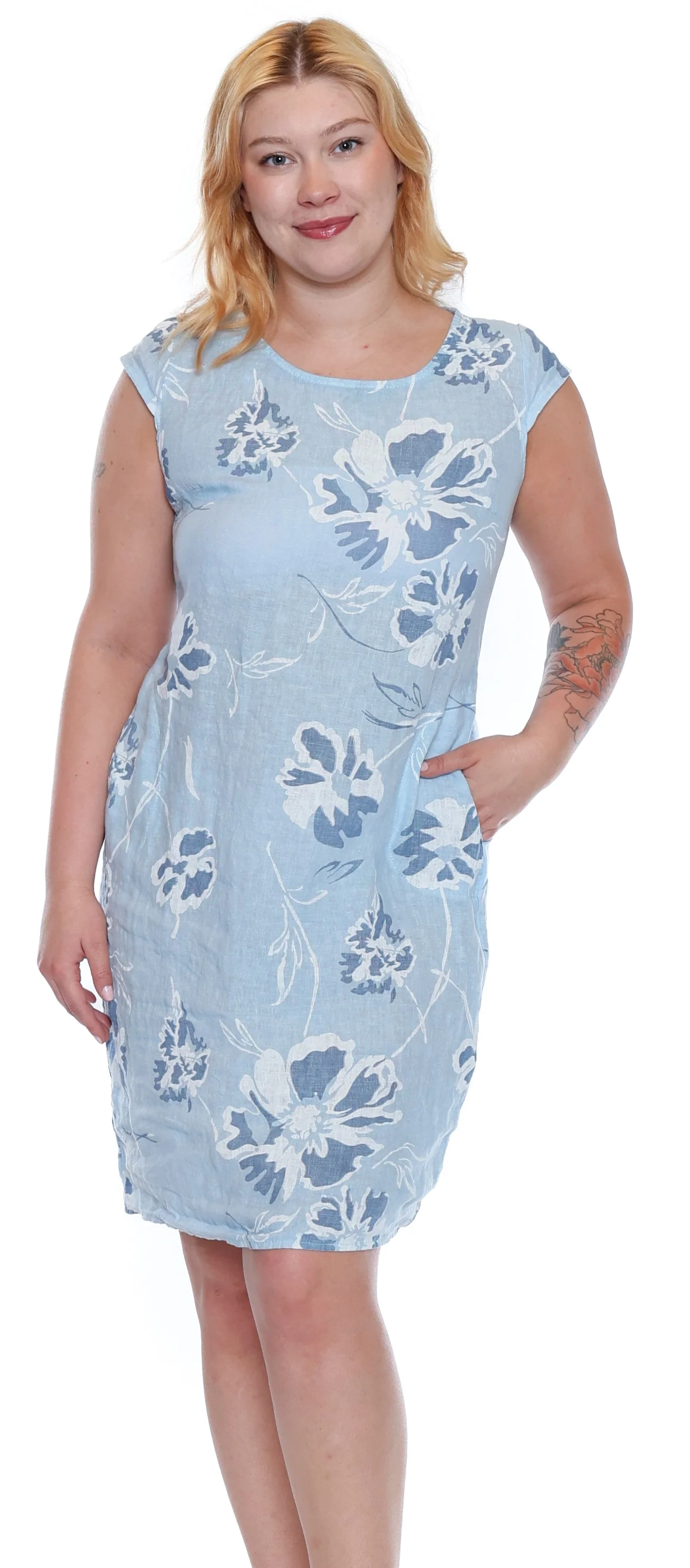 Sorella Linen Floral Dress W/Ribbing & Pockets-L Blue L5868