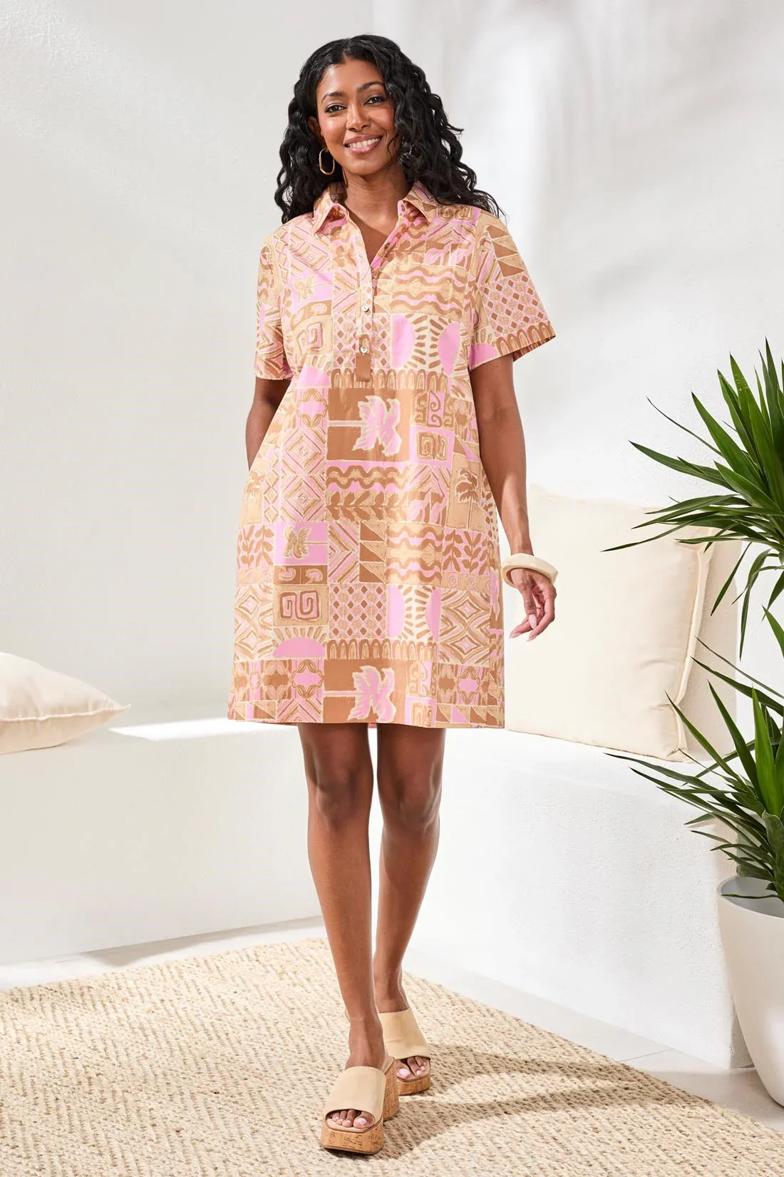 Tribal 1/2 Button Placket Dress-2437O-1321-Wisteria