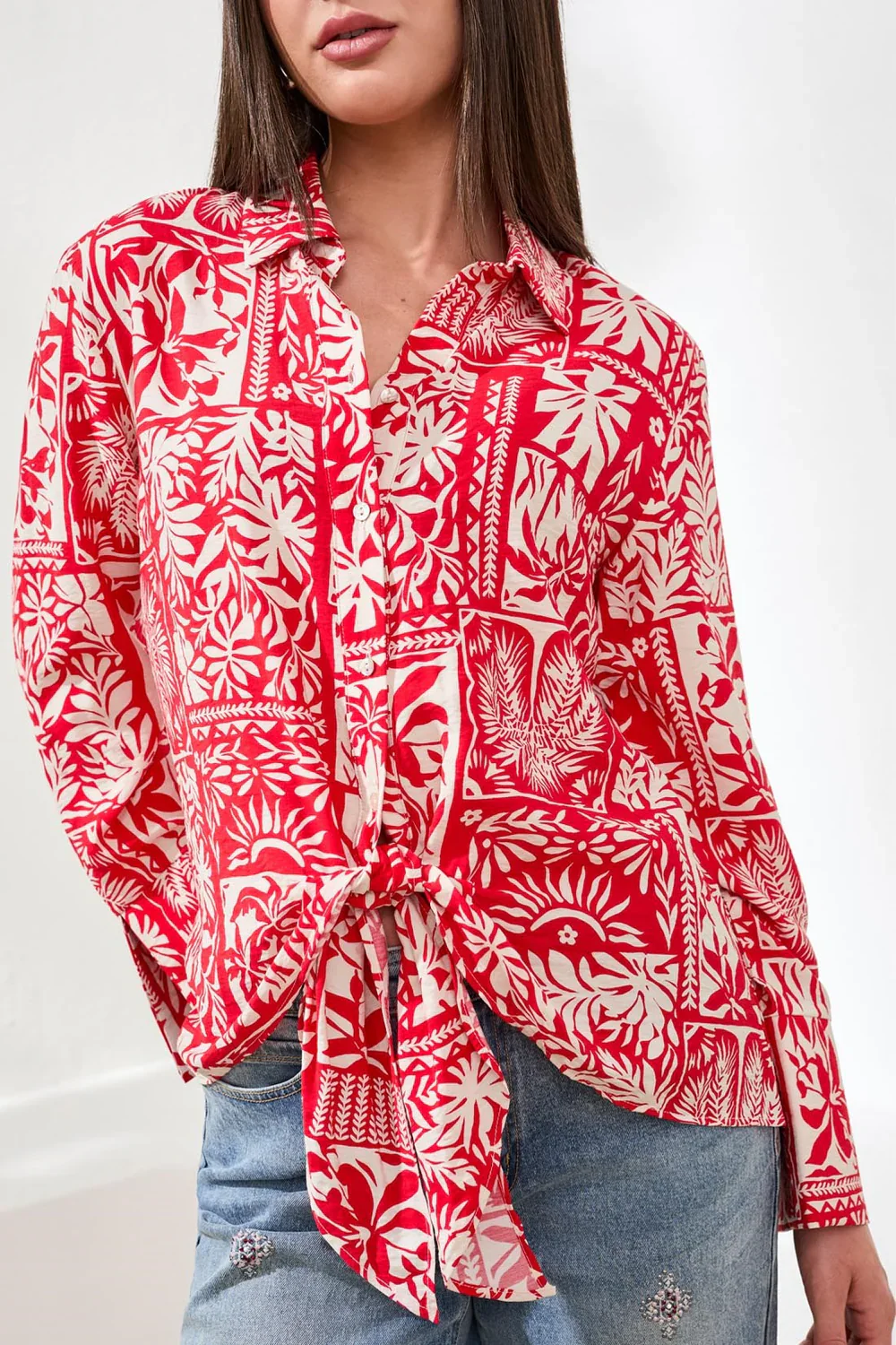 Tribal Blouse W/Tie Front-3003O-1221-Sangria