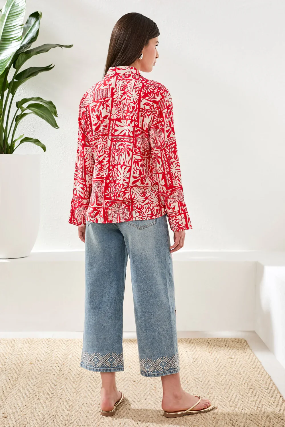 Tribal Blouse W/Tie Front-3003O-1221-Sangria - Image 3