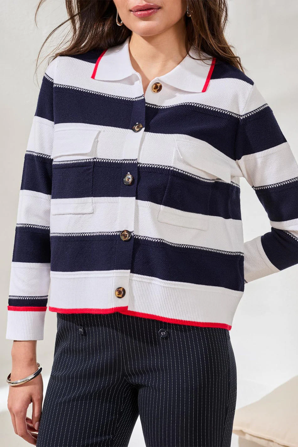 Tribal Button Front Stripe Cardigan-1930O-8241-Jet Blue - Image 3