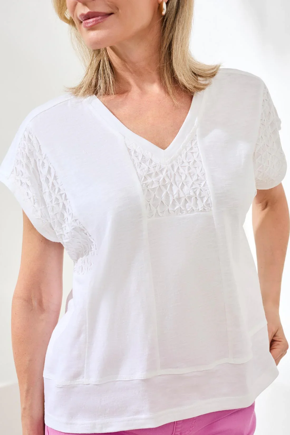 Tribal Cap Sleeve V Neck Top-2439O-0001-White - Image 2