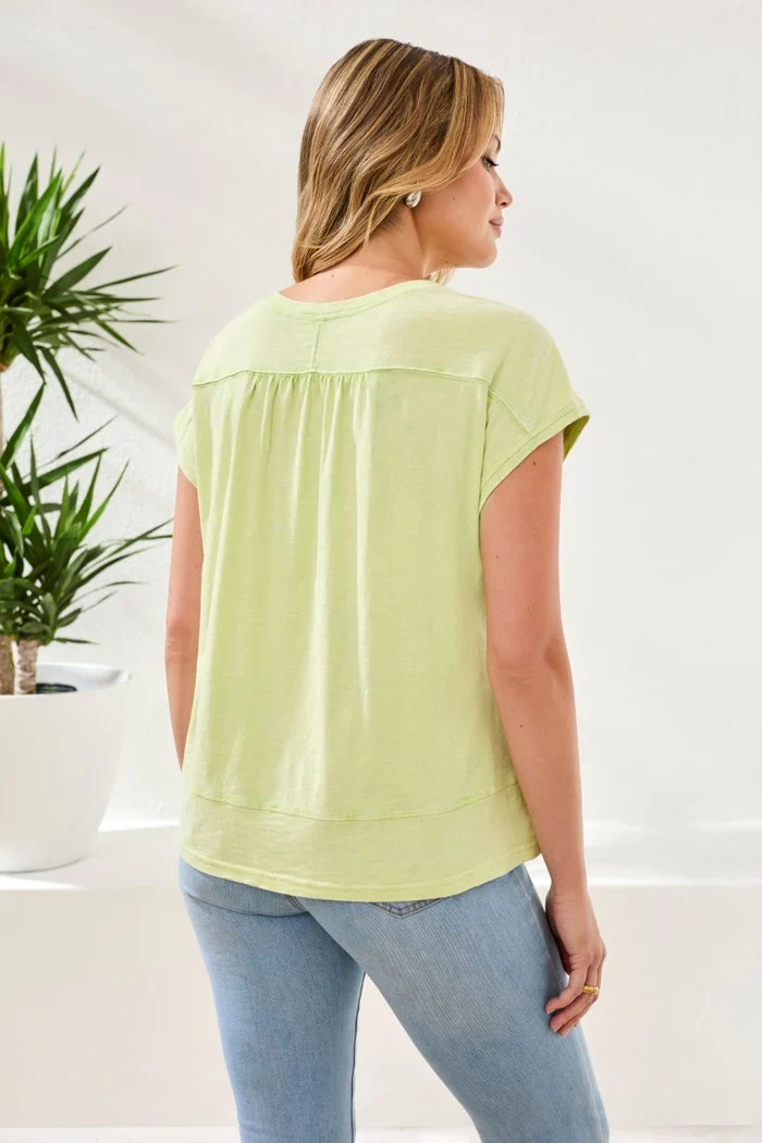 Tribal Cap Sleeve V Neck Top-2439O-3326-Lime Cream - Image 2