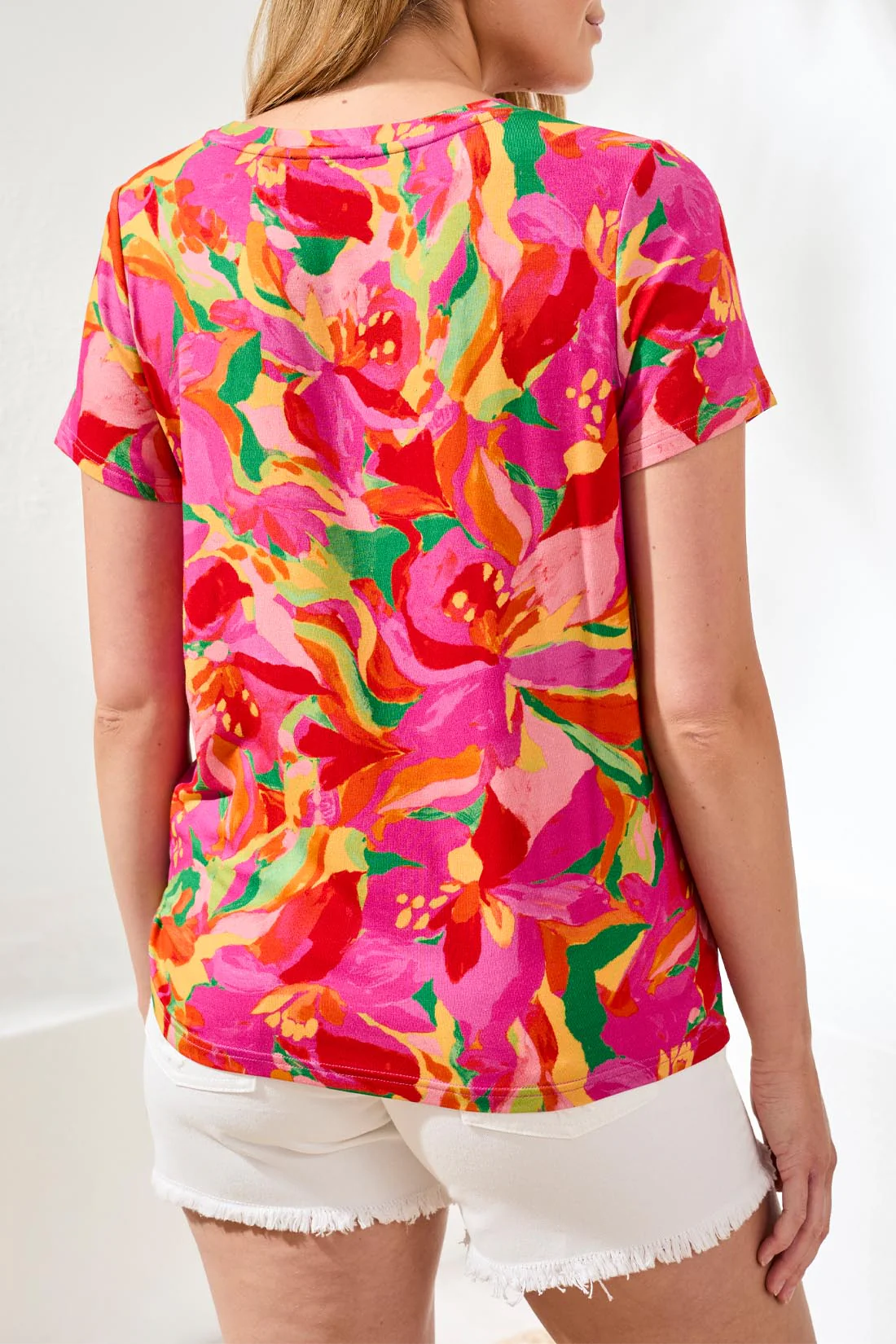Tribal Crew Neck Top W/Side Ruching-2498O-2326-Pink Glow - Image 2