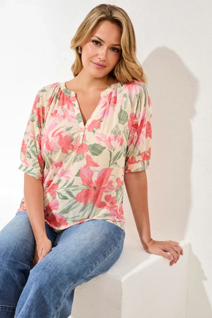 Tribal Elbow Sleeve Henley Top-3035O-1821-Canvas - Image 2