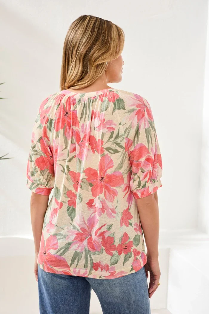 Tribal Elbow Sleeve Henley Top-3035O-1821-Canvas - Image 3