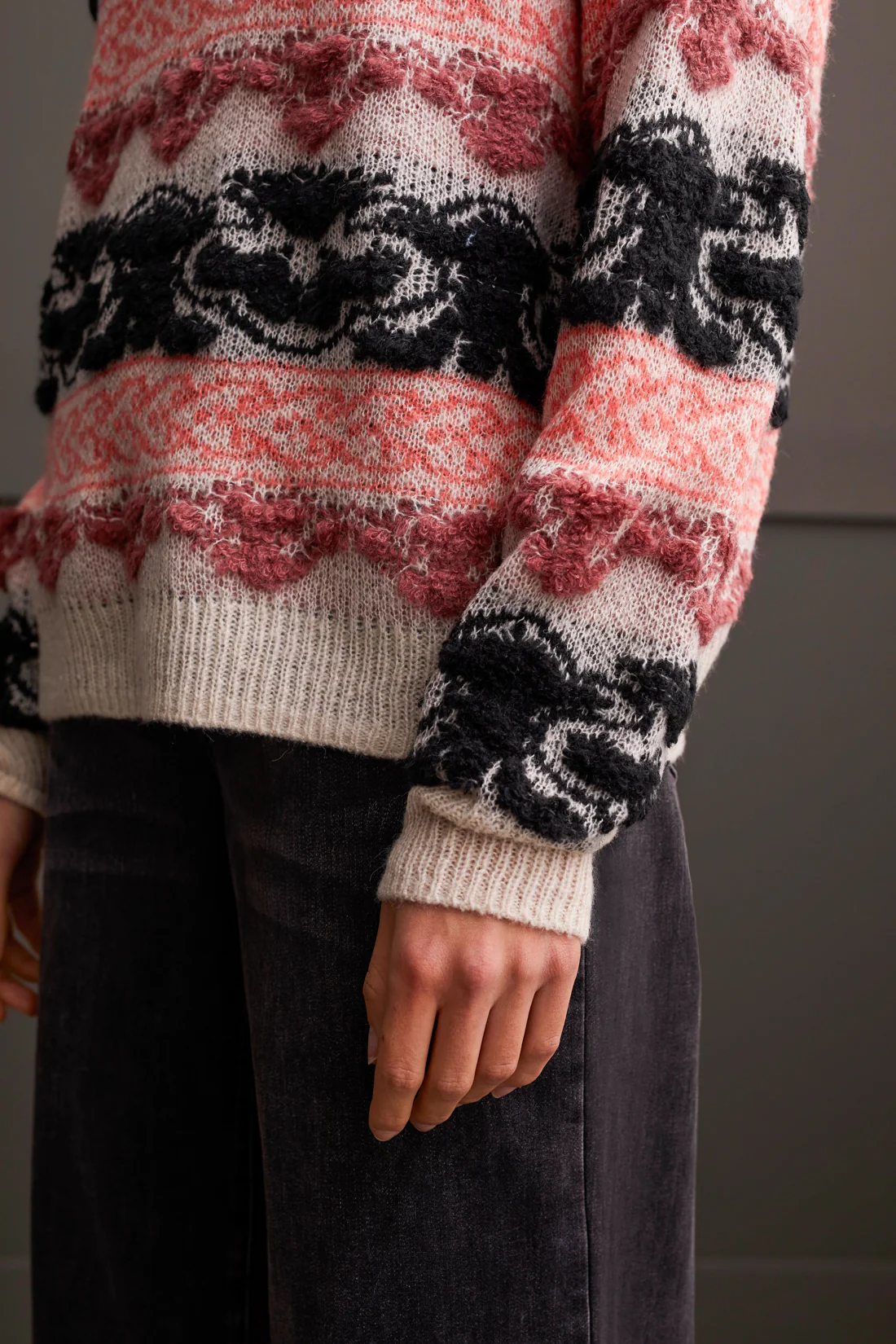 Tribal 5302O/2906-V Neck Jacquard Sweater-Egg Shell - Image 4