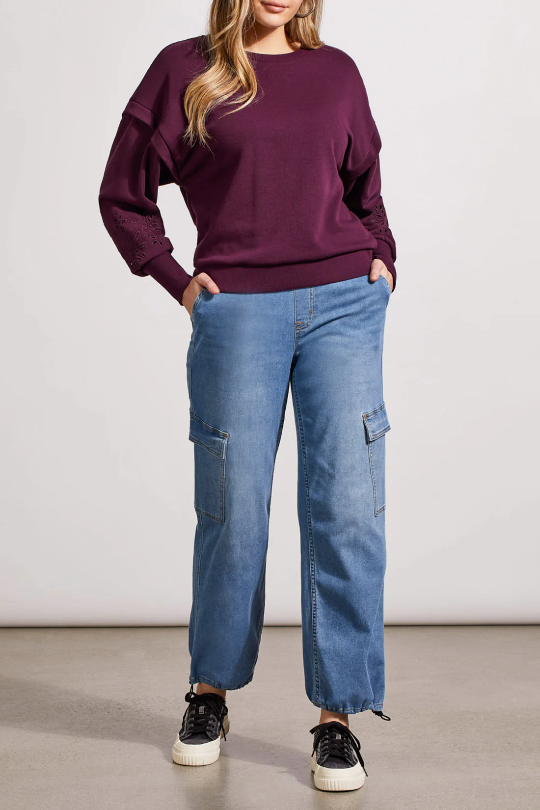 Tribal 5568O/3128-Crew Neck Pullover W/Embroidery-Dark Plum
