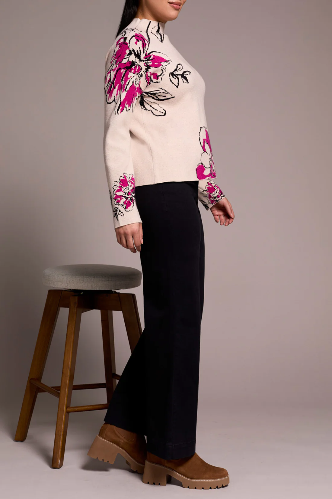 Tribal -1542O-8012-Knit Jacquard Funnel Neck Sweater-Pink Flambe - Image 3