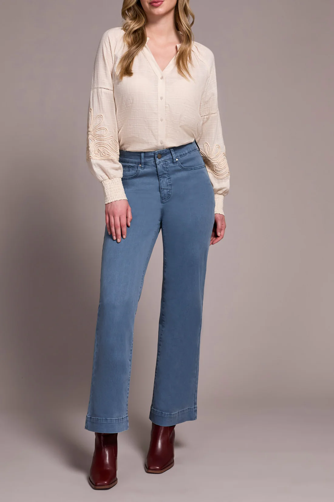 Tribal -1861O-2020W-Stretch Fly Front Wide Leg Pants-Slate Blue