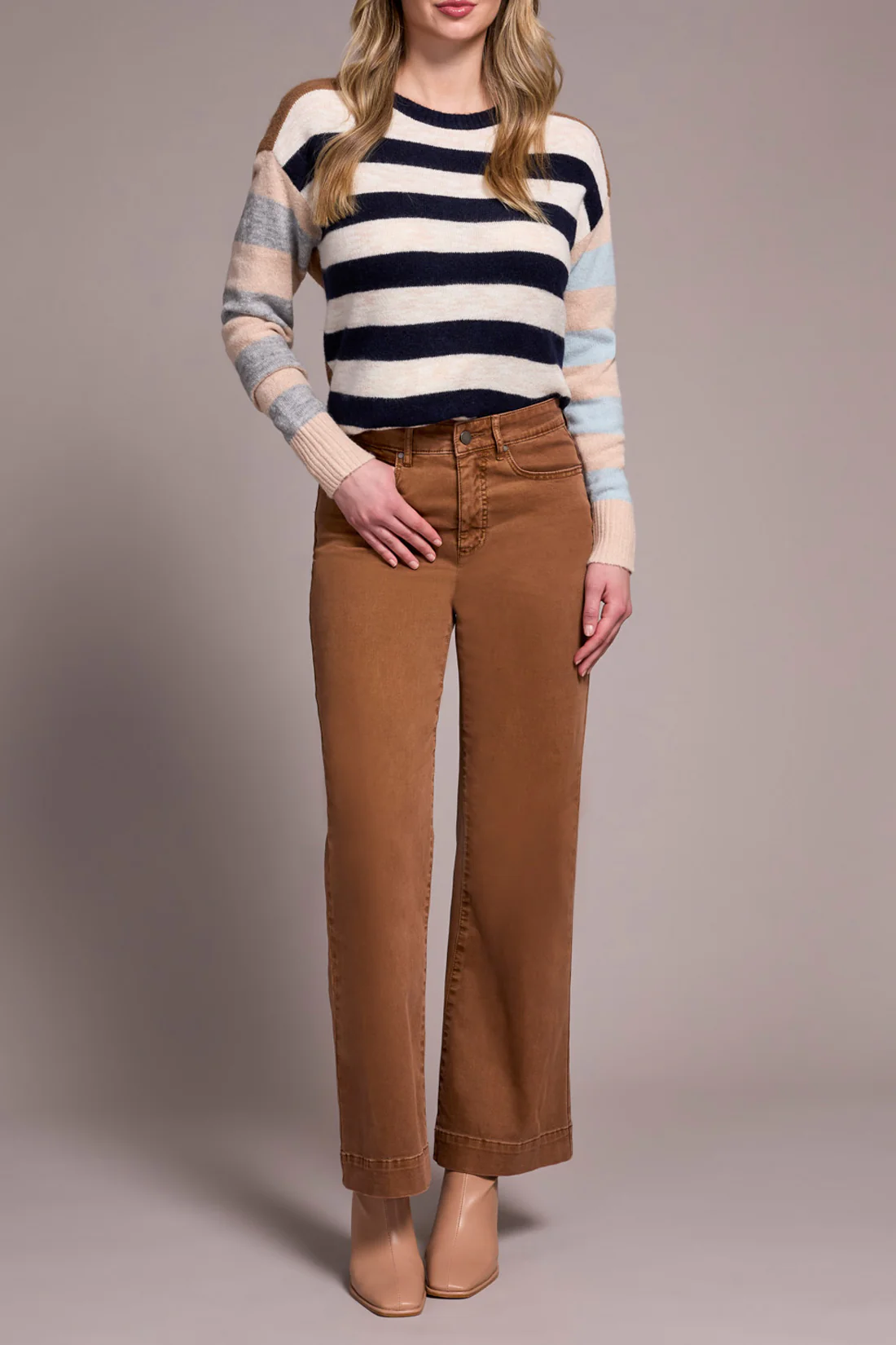 Tribal -1861O-2020W-Stretch Fly Front Wide Leg Pants-Walnut