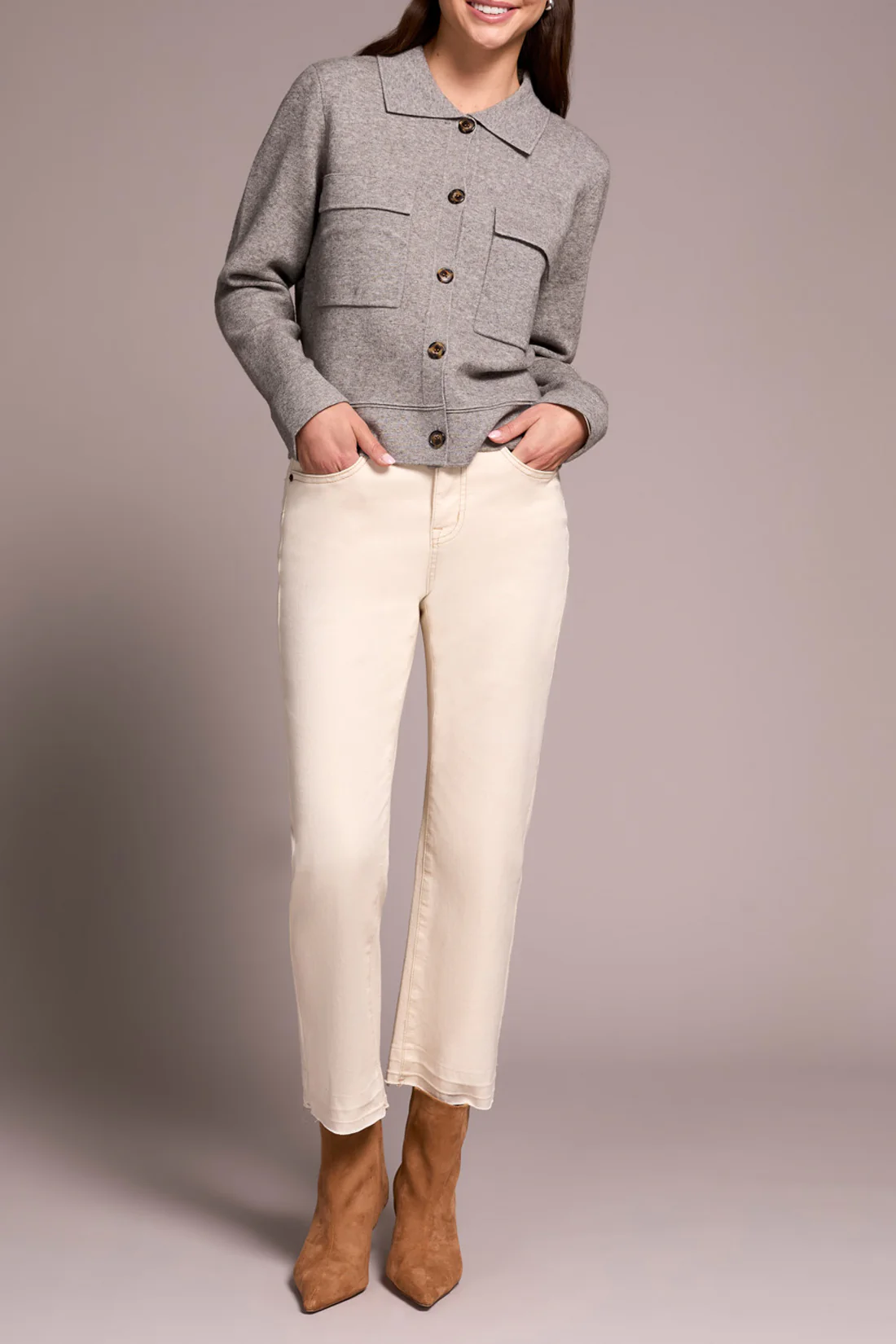 Tribal -1930O-8030-Double Knit Collared Sweater Cardigan-Grey Mix - Image 3