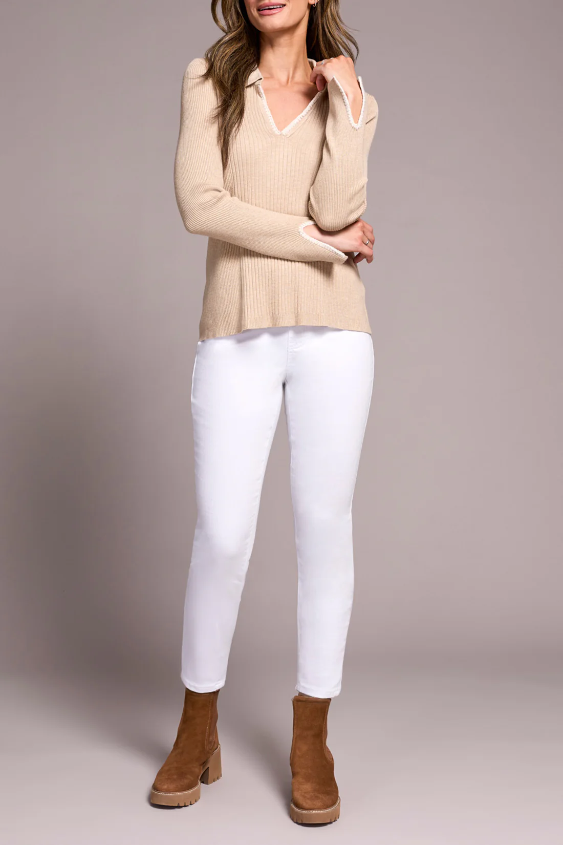 Tribal -2291O-835-Long Sleeve Polo Sweater W/Blanket Stitch-H Latte - Image 3