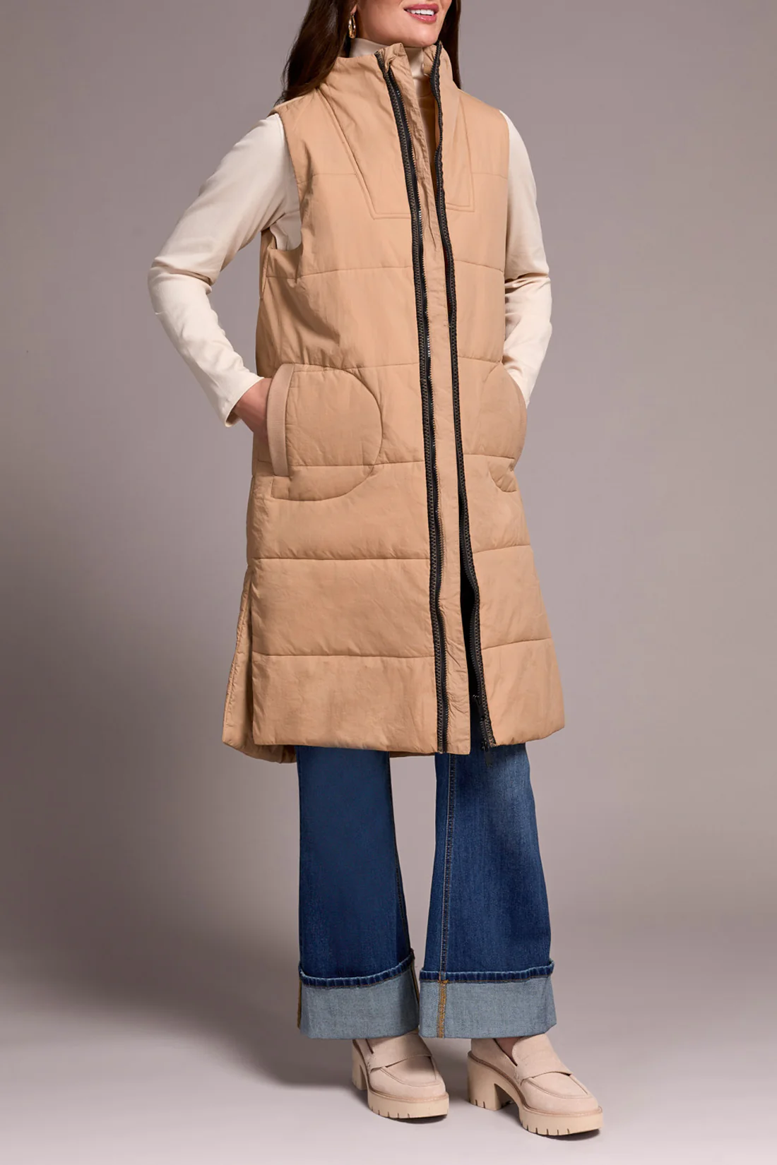 Tribal -2314O-3823-Zip Front Quilted Vest-Ice Latte - Image 3