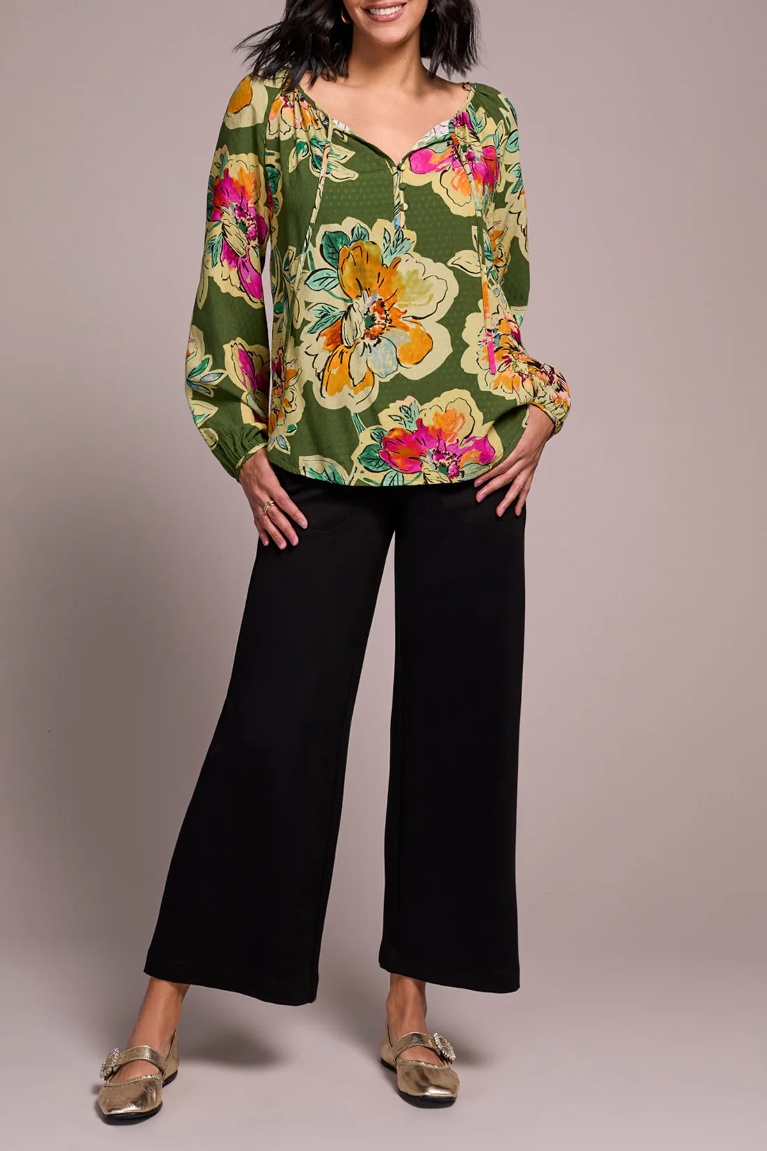 Tribal -2349O-8111-Long Sleeve Blouse W/Tie-Chive - Image 2